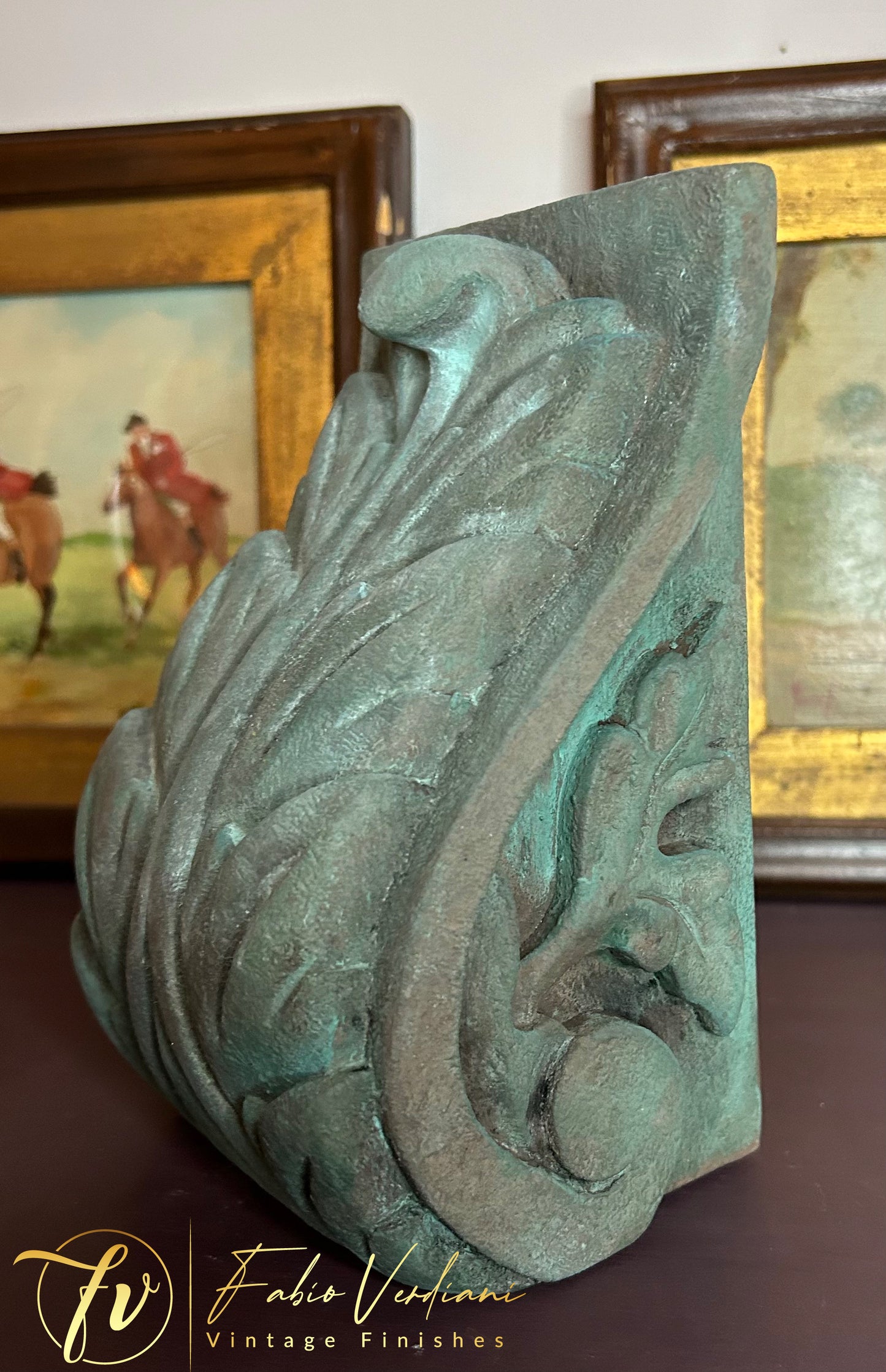 Creating the illusion of verdigris on a wood corbel. Annie Sloan Honfleur and Graphite, a combination of washes of Provence, Florence and Amsterdam Green. Clear and Black Wax.