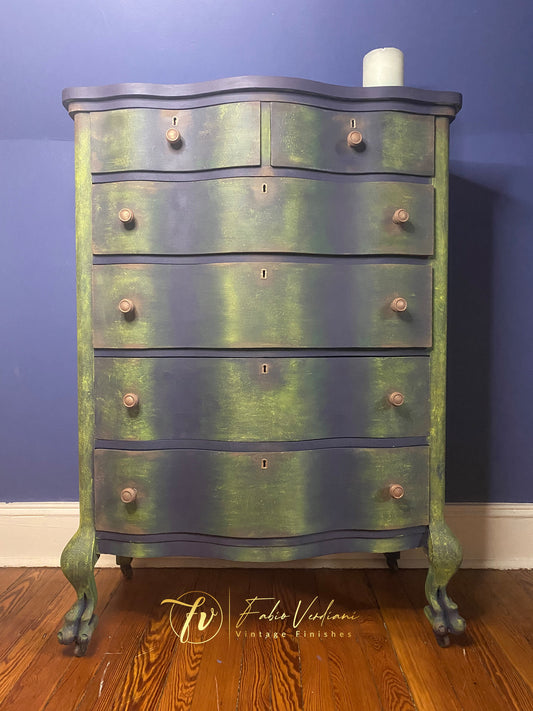 Tall serpentine chest of drawers in purple, light and dark green, chocolate top, ball and claw