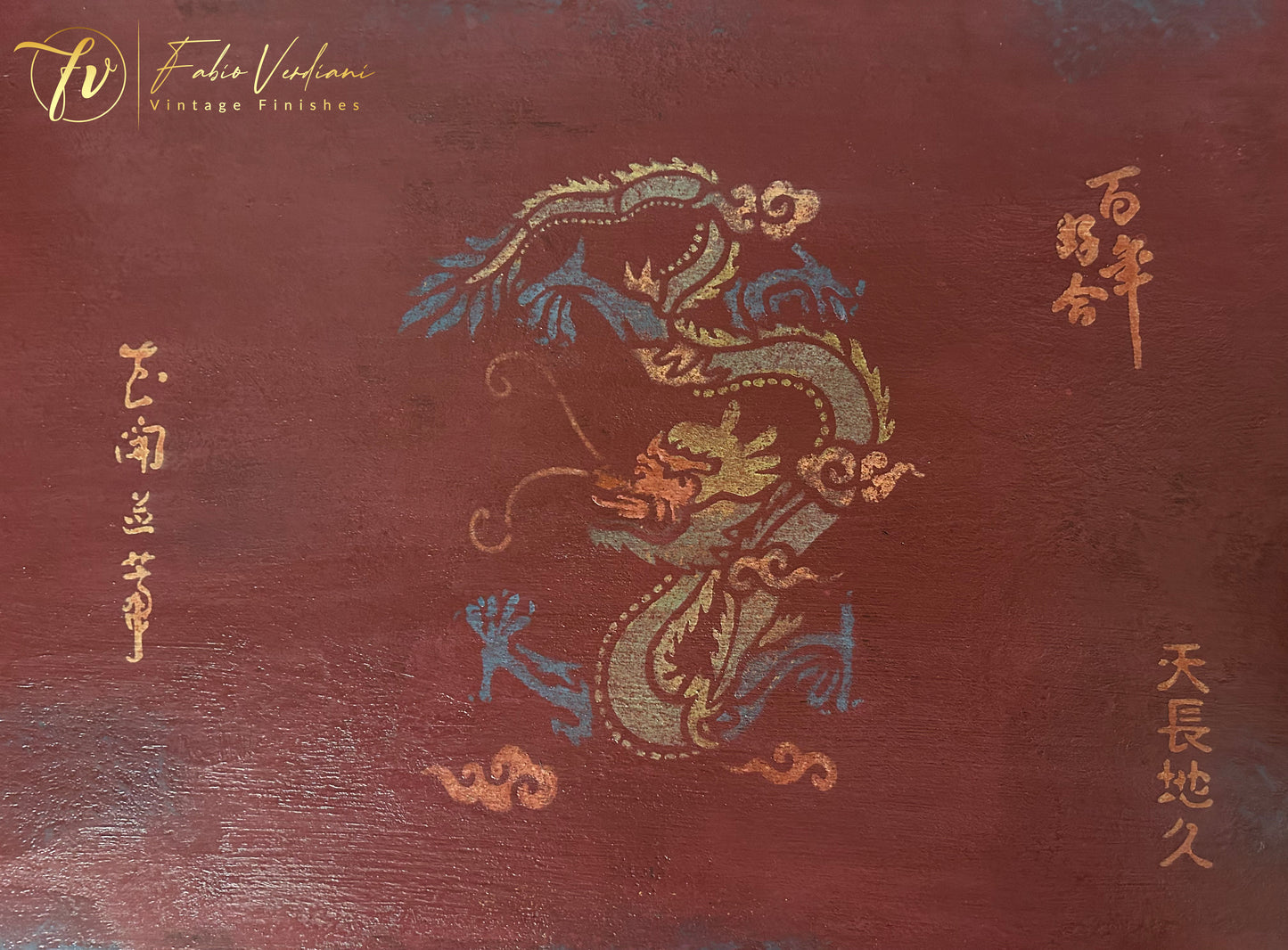 Apothecary Cabinet Imitation - Chinese style - Burgundy and Aubusson Blue, chinoiserie dragon stencils