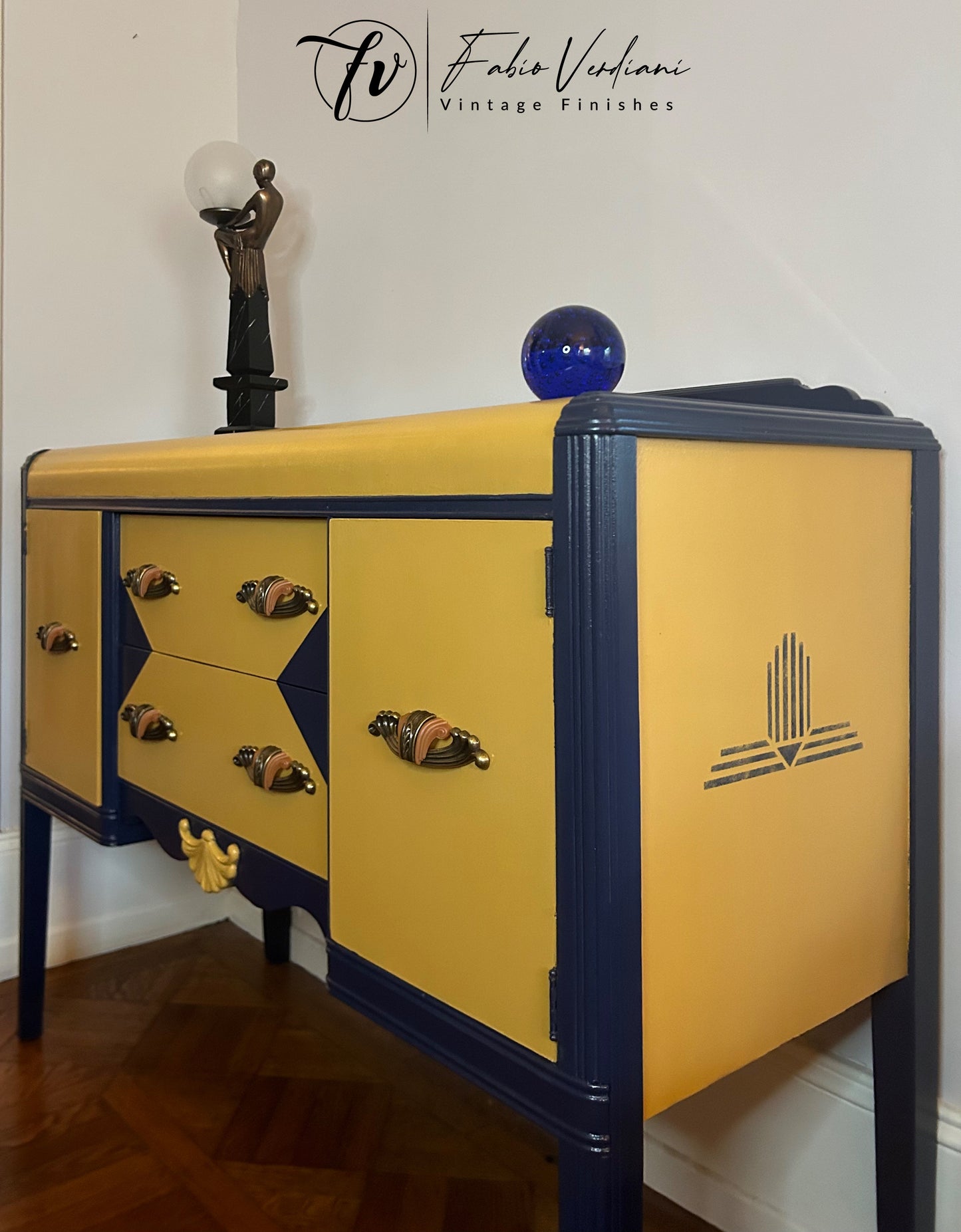 Art Deco Sideboard Buffet in Yellow and Blue Satin