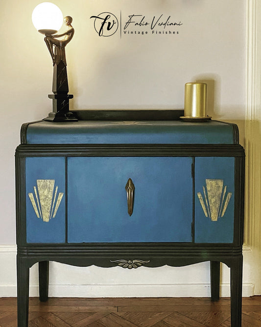 Art Deco  Vintage Waterfall  Bar Cabinet in Prussian Blue and Black Paint