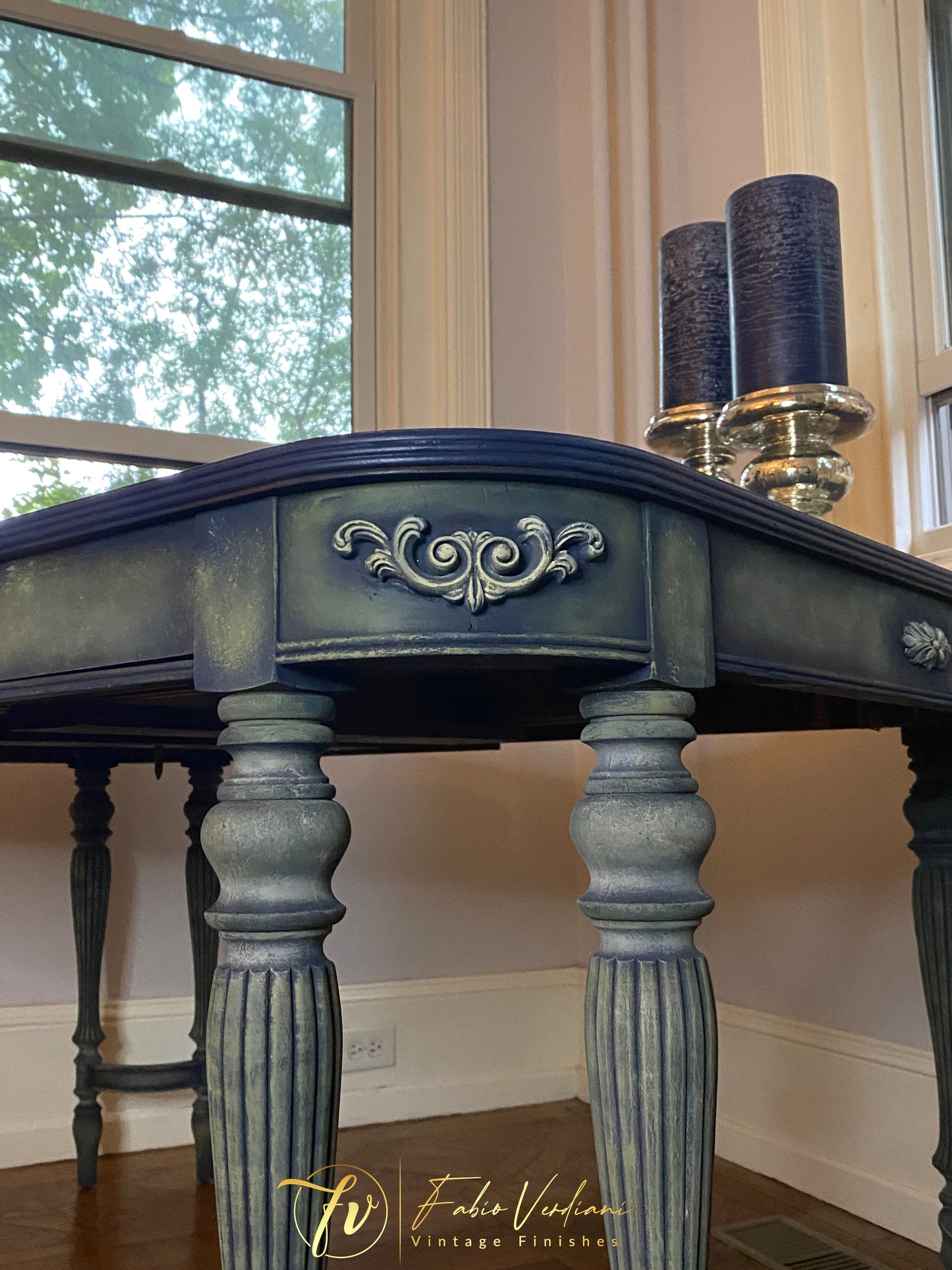 Vintage  Rectangular  Dinner Table for six, blue satin top and  carved legs in faded olive with moldings