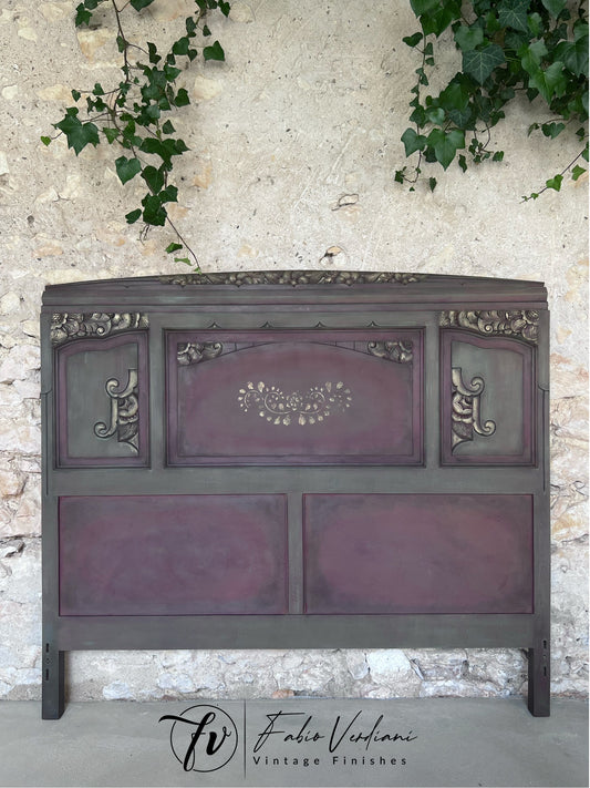 Carved headboard in a base of  Annie Sloan Honfleur, low lights  in Burgundy and high lights in Olive. Dark wax for protection and black wax for depth.