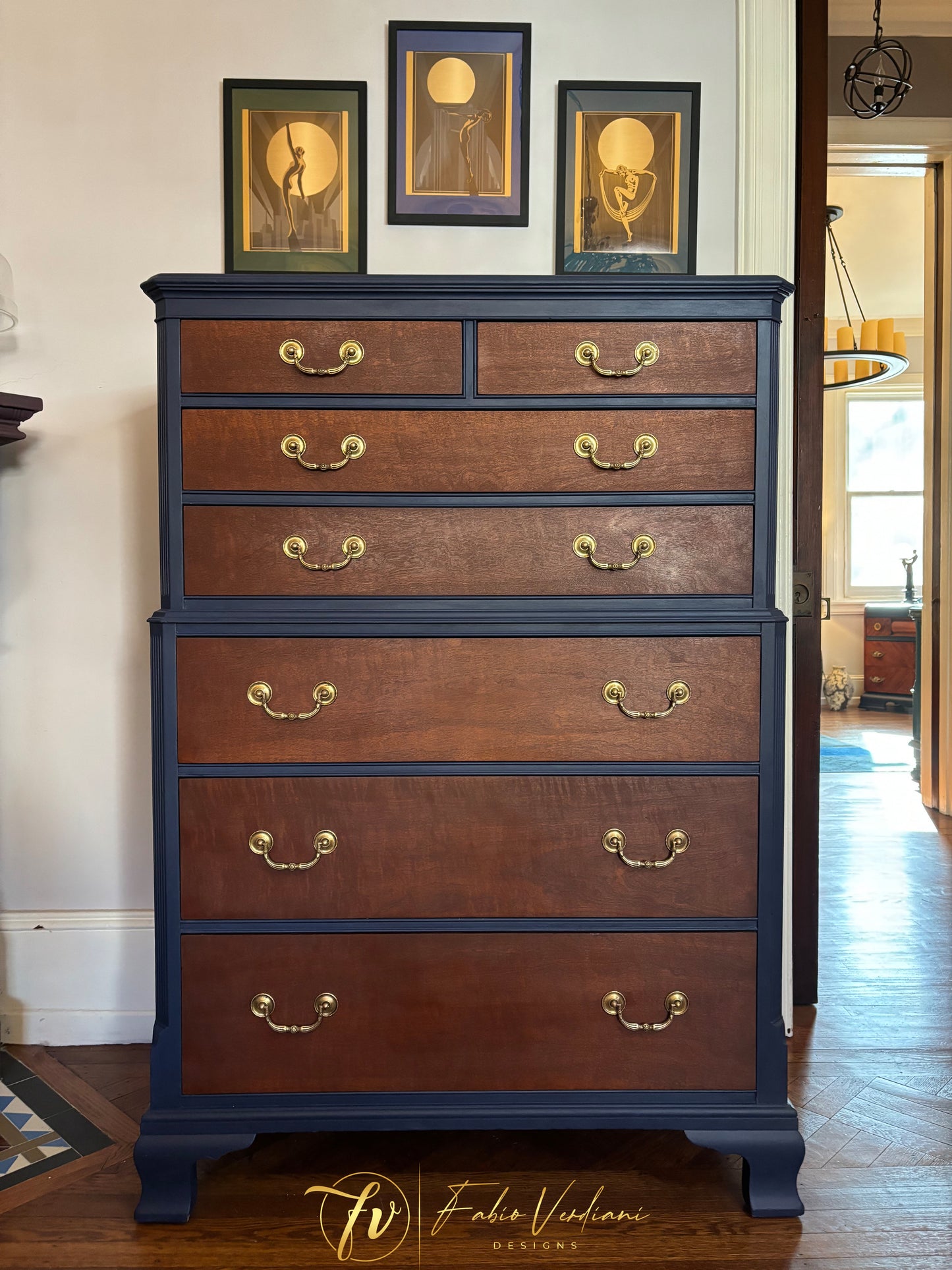 Six Drawers Tall Boy - Candlelight stain and Blue Stain Paint