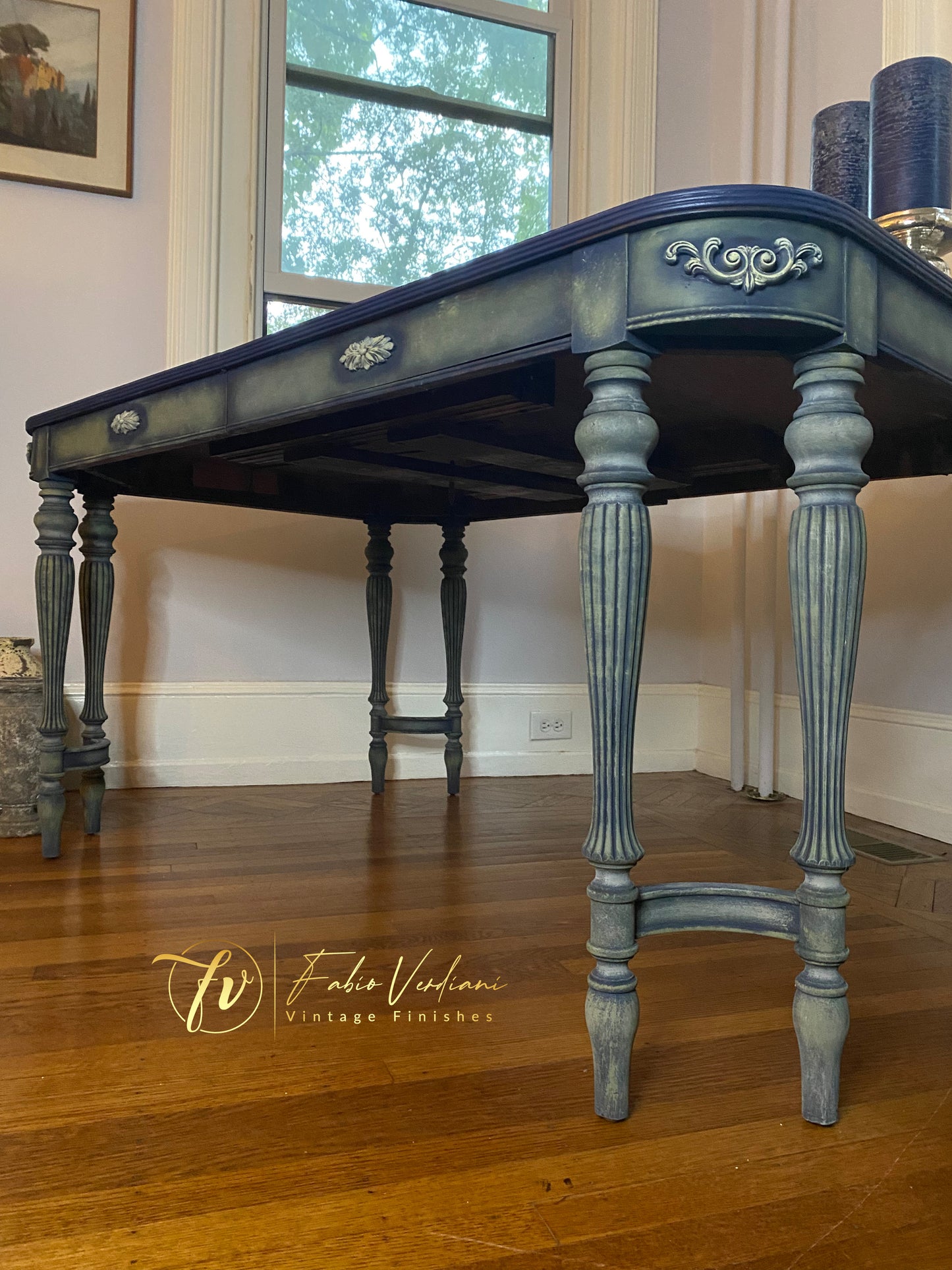 Vintage  Rectangular  Dinner Table for six, blue satin top and  carved legs in faded olive with moldings