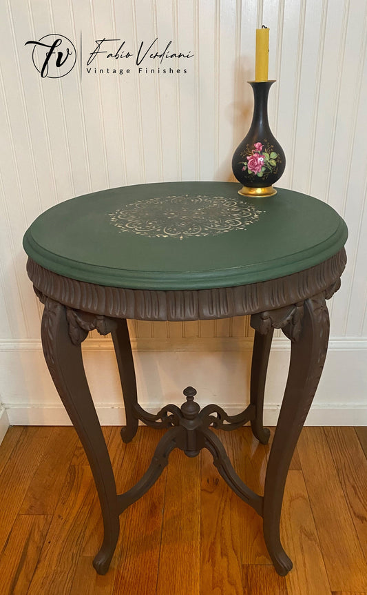 Round Coffee Table in Vintage Pecan Pie and Emerald Liberty Style, Top Faded Stencil, Clear Wax