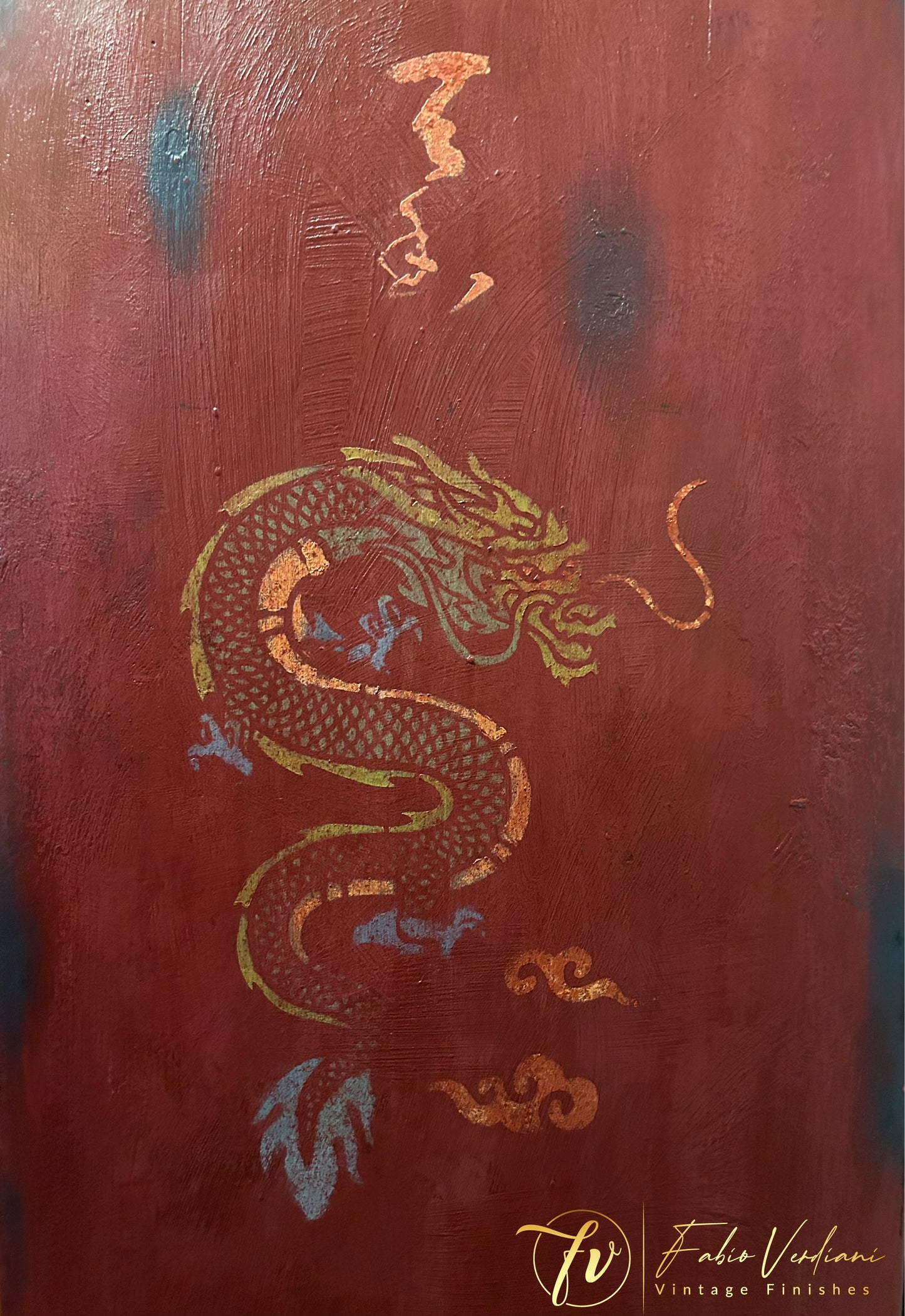 Apothecary Cabinet Imitation - Chinese style - Burgundy and Aubusson Blue, chinoiserie dragon stencils