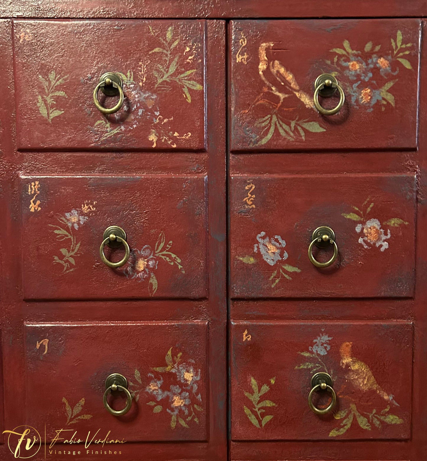 Apothecary Cabinet Imitation - Chinese style - Burgundy and Aubusson Blue, chinoiserie dragon stencils