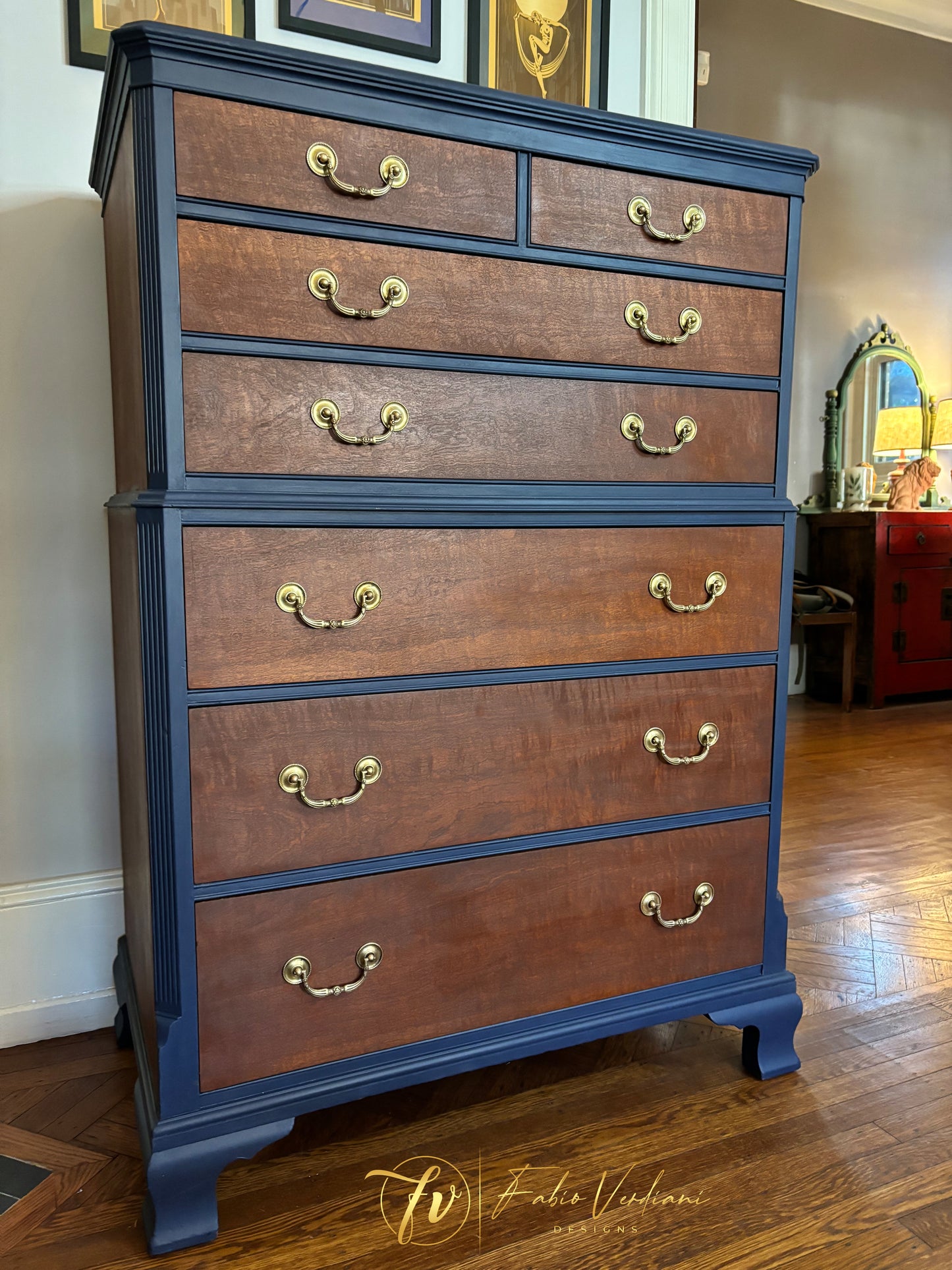 Six Drawers Tall Boy - Candlelight stain and Blue Stain Paint