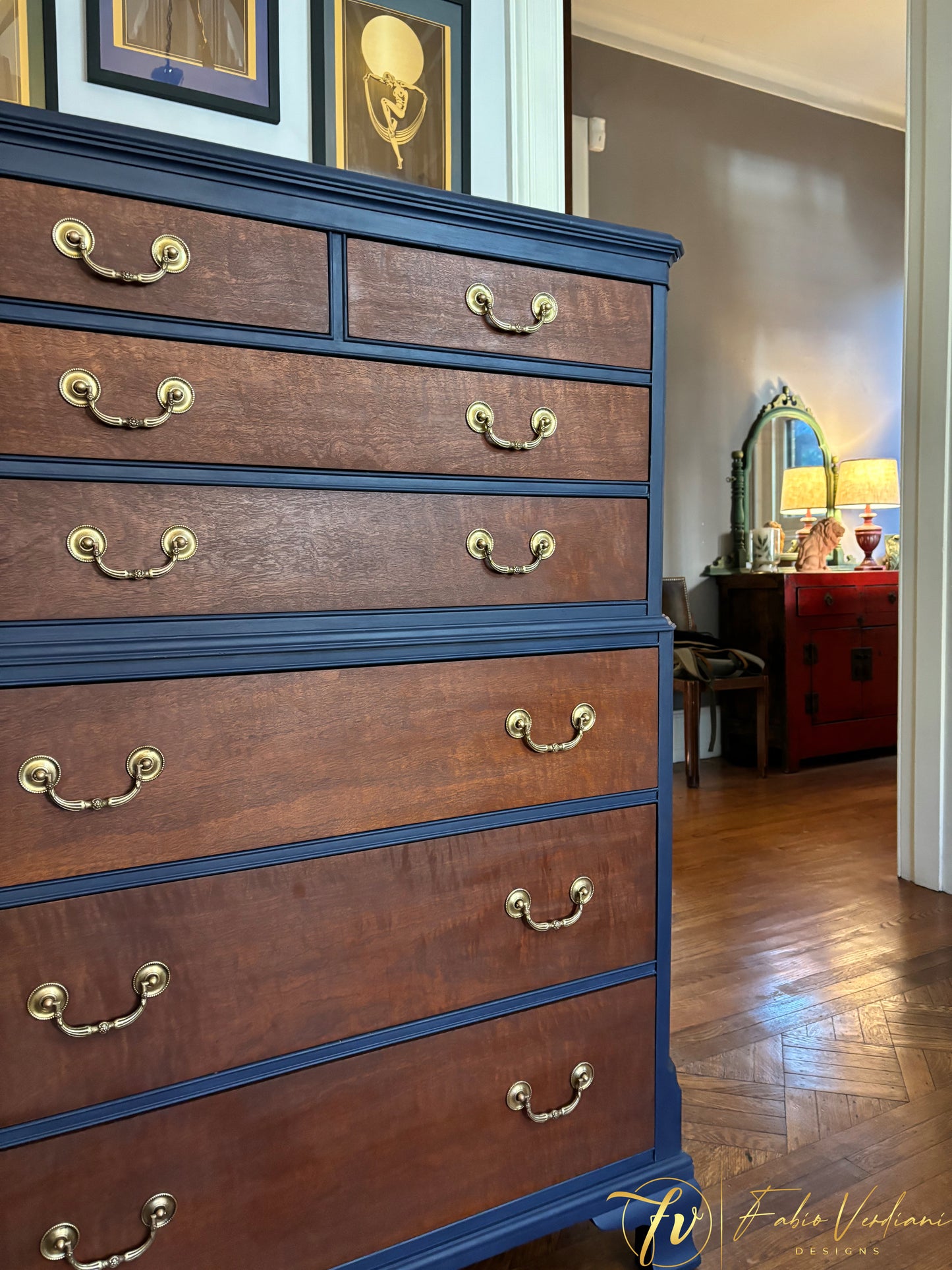 Six Drawers Tall Boy - Candlelight stain and Blue Stain Paint