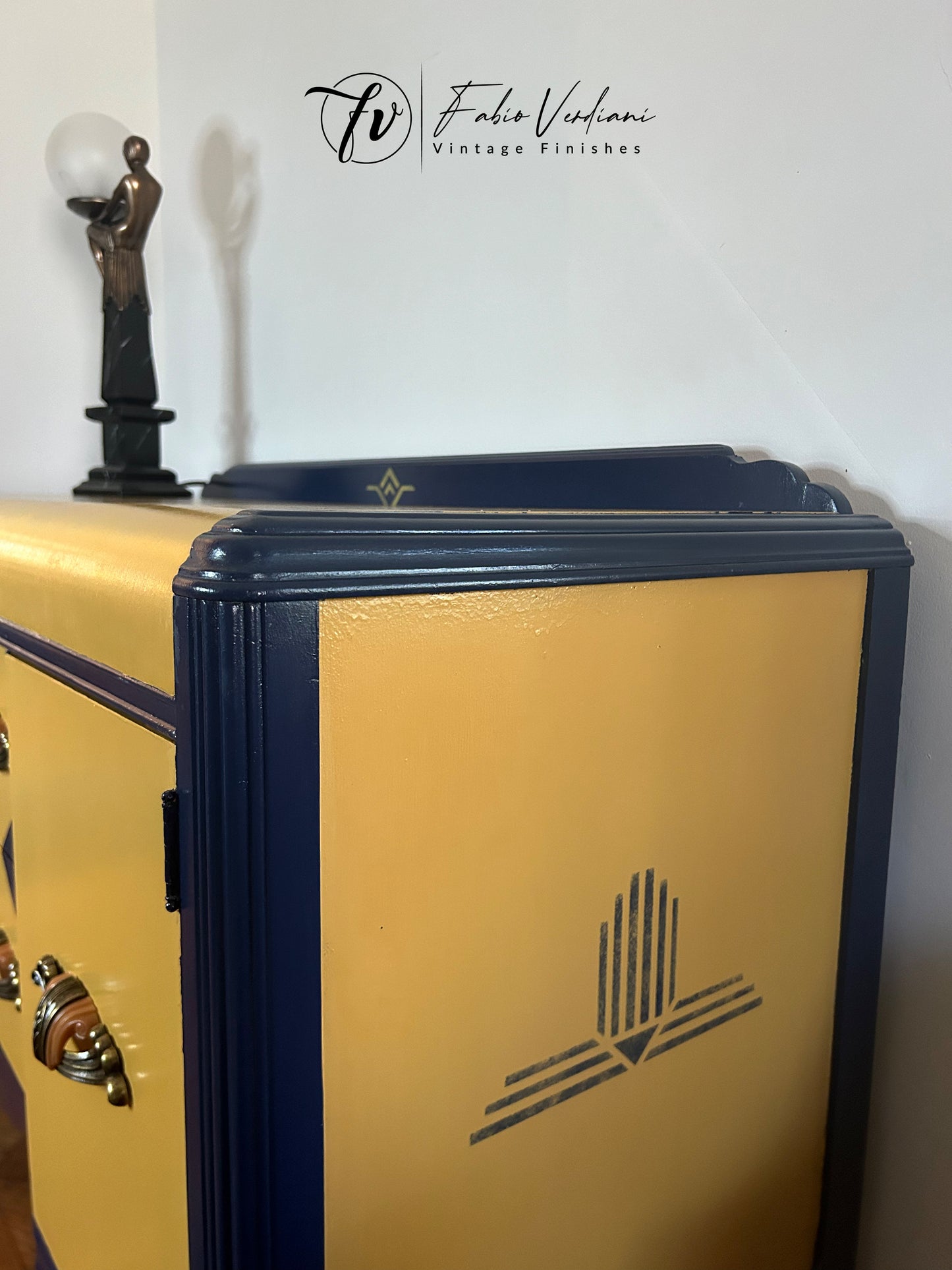 Art Deco Sideboard Buffet in Yellow and Blue Satin