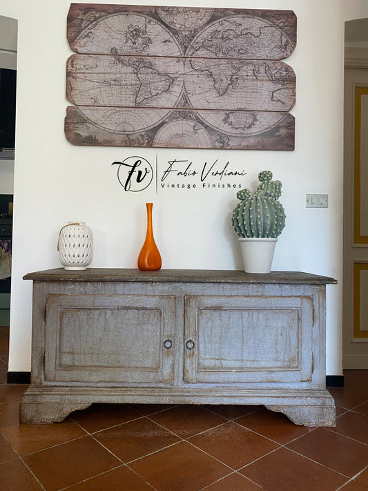 Solid wood chest bench: light blue and graphite weathered look -Dario Biagioni Patina Antica