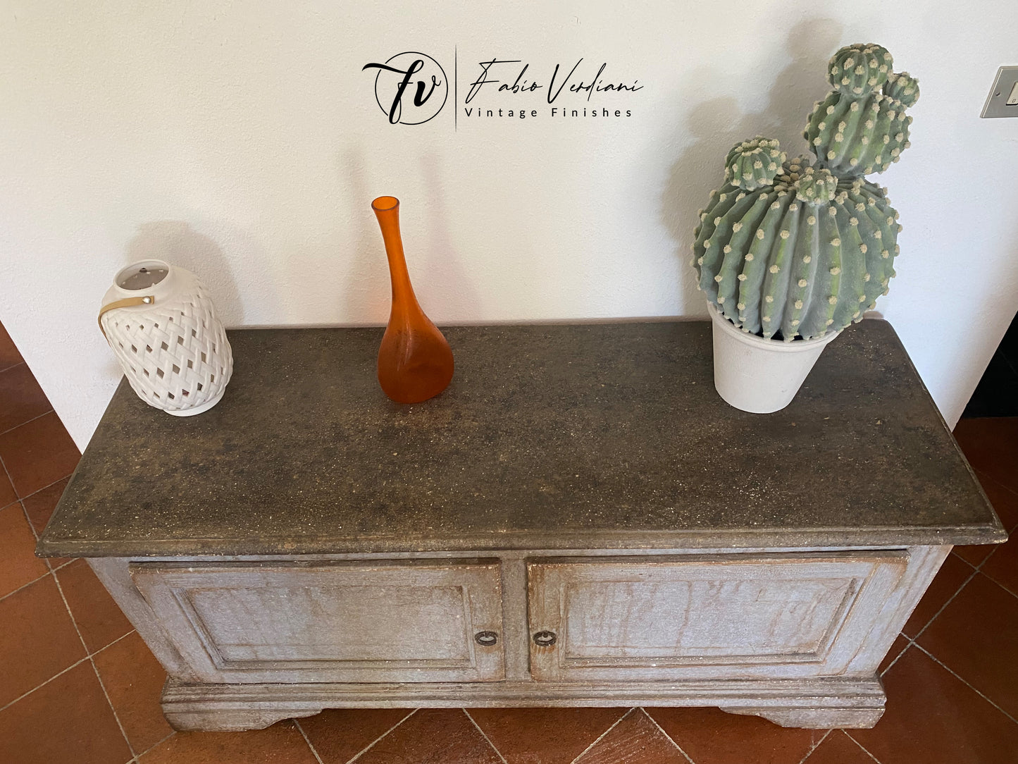 Solid wood chest bench: light blue and graphite weathered look -Dario Biagioni Patina Antica