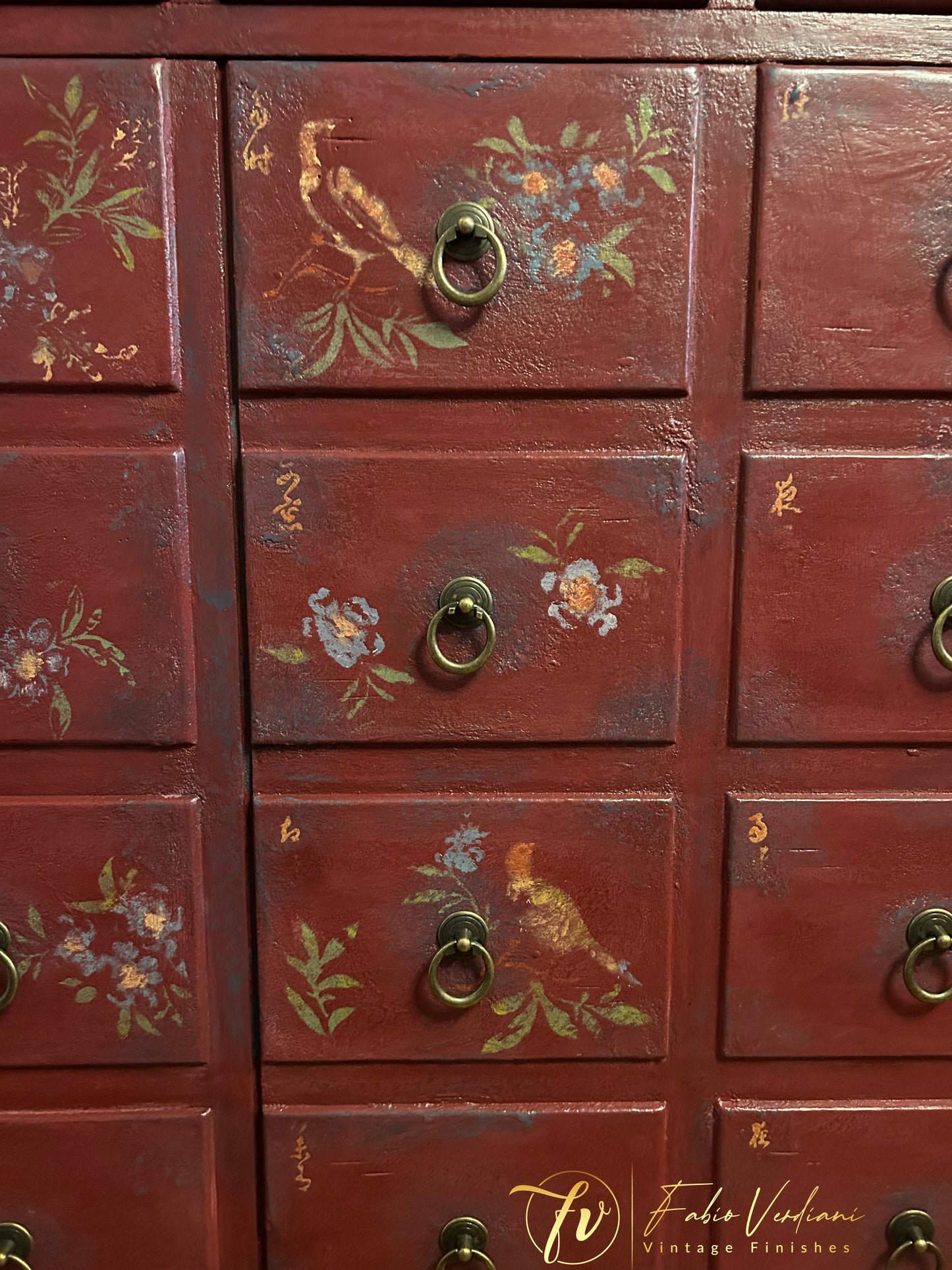 Apothecary Cabinet Imitation - Chinese style - Burgundy and Aubusson Blue, chinoiserie dragon stencils