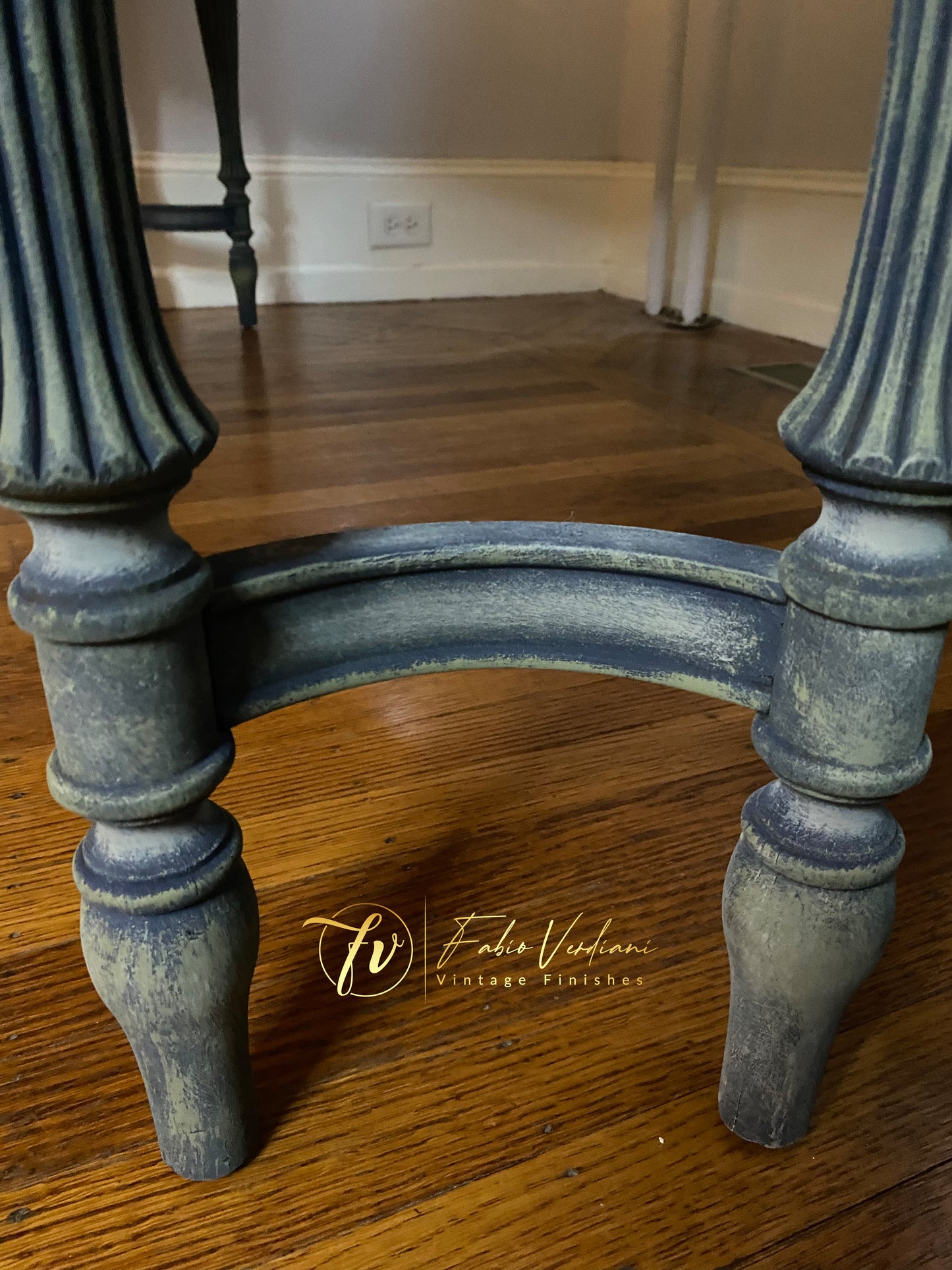 Vintage  Rectangular  Dinner Table for six, blue satin top and  carved legs in faded olive with moldings