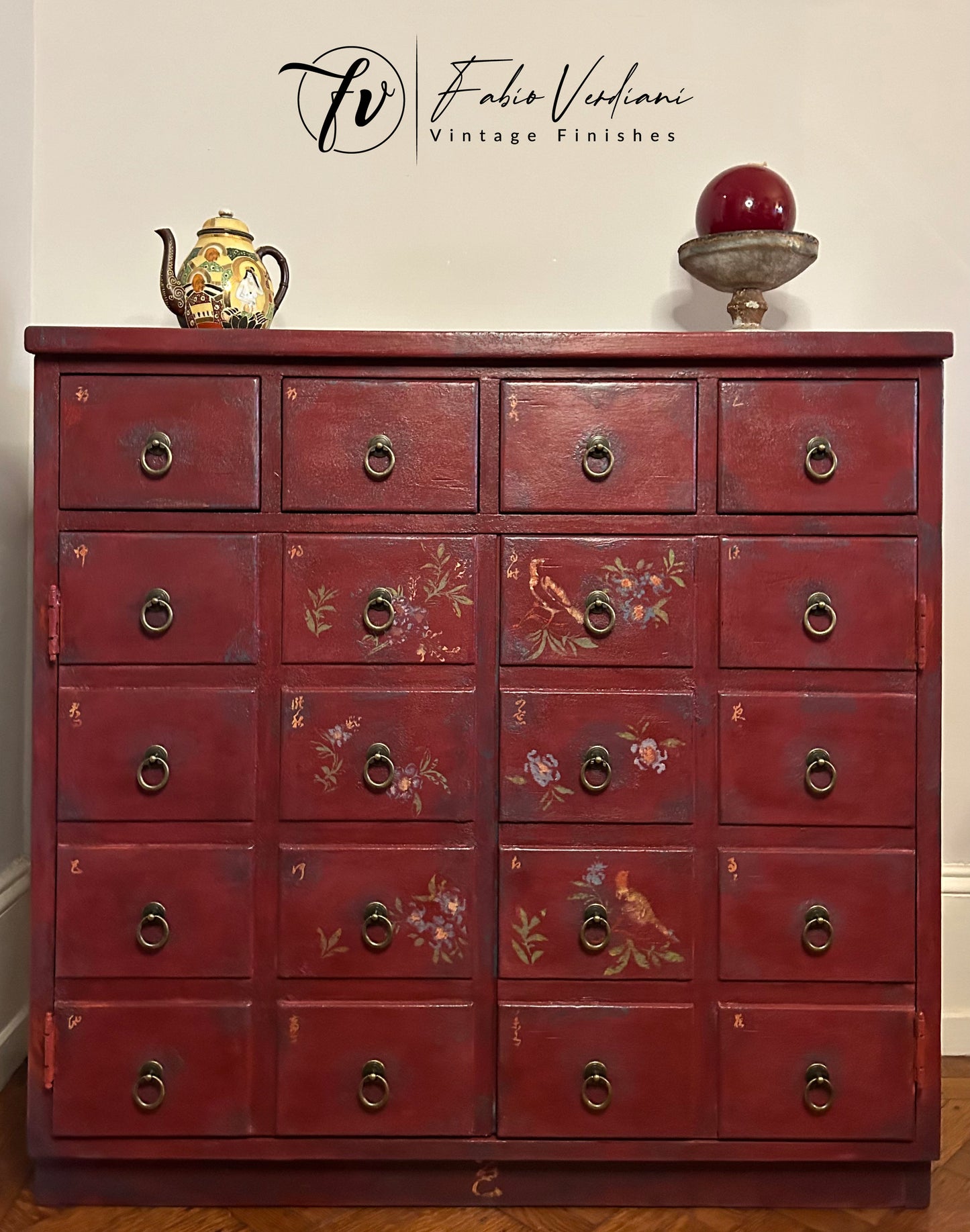 Apothecary Cabinet Imitation - Chinese style - Burgundy and Aubusson Blue, chinoiserie dragon stencils