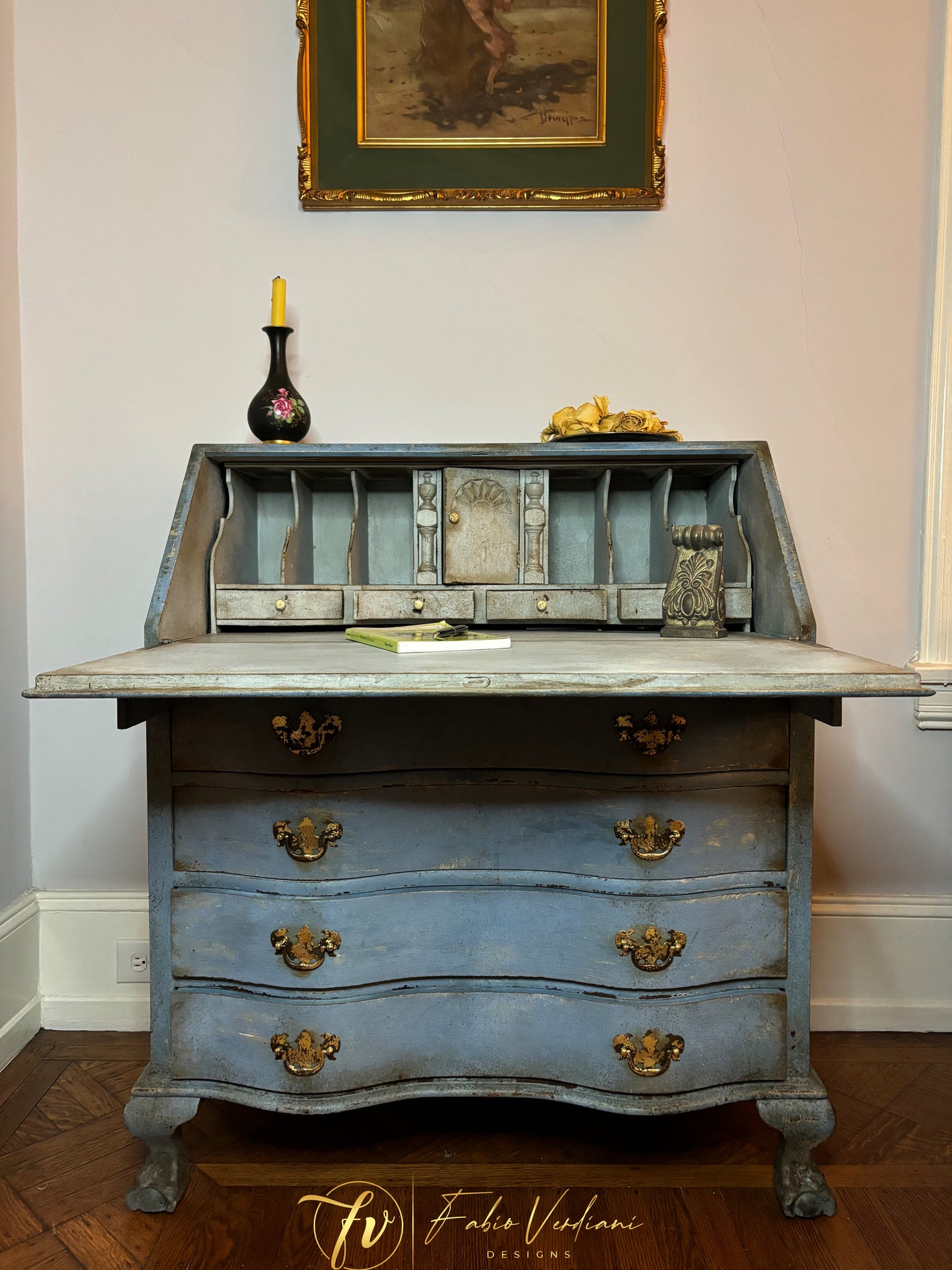 Vintage Blue and Grey Secretary Desk, Early 20th Century, Ball and Claw Legs, Patina Toscana