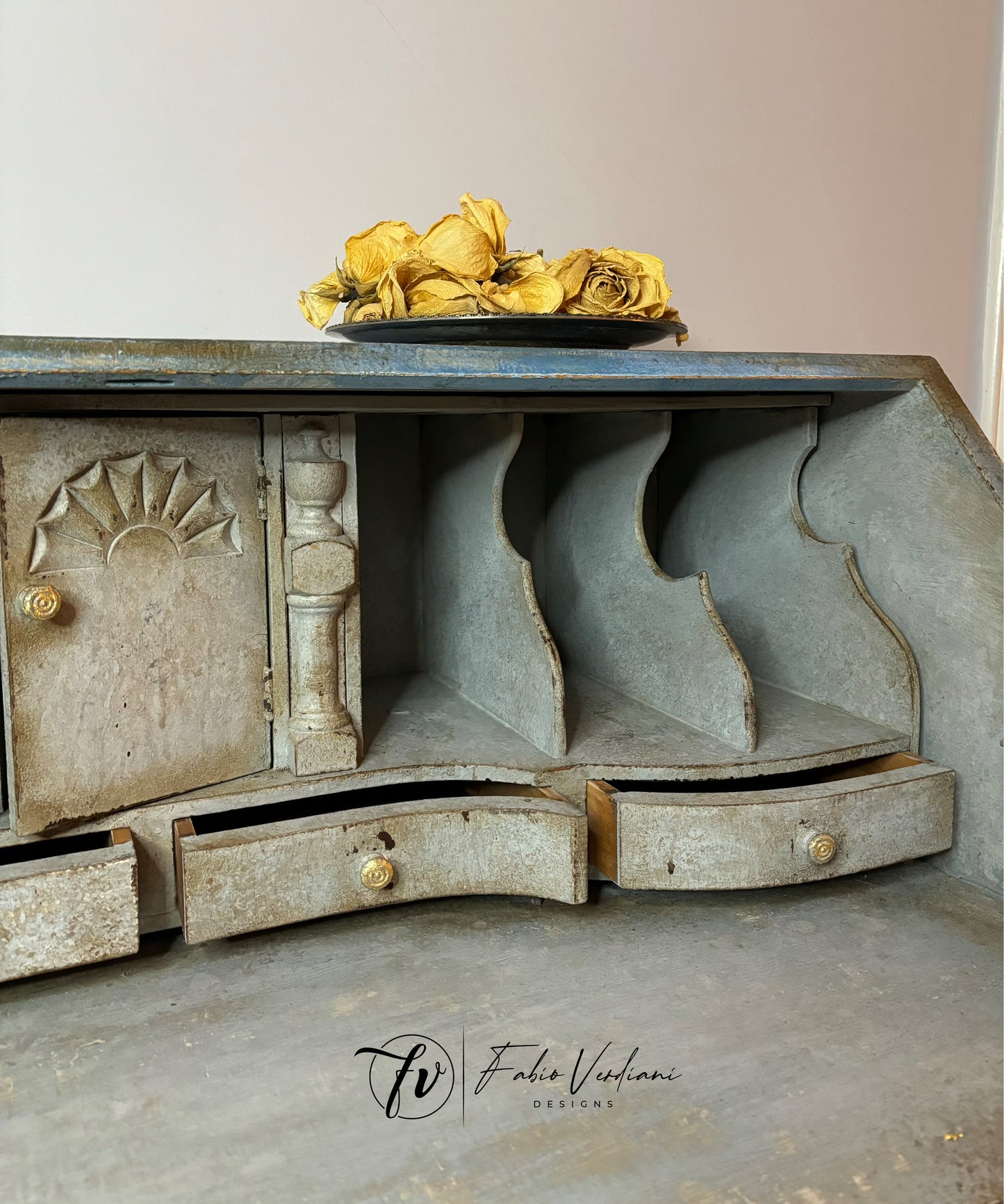 Vintage Blue and Grey Secretary Desk, Early 20th Century, Ball and Claw Legs, Patina Toscana