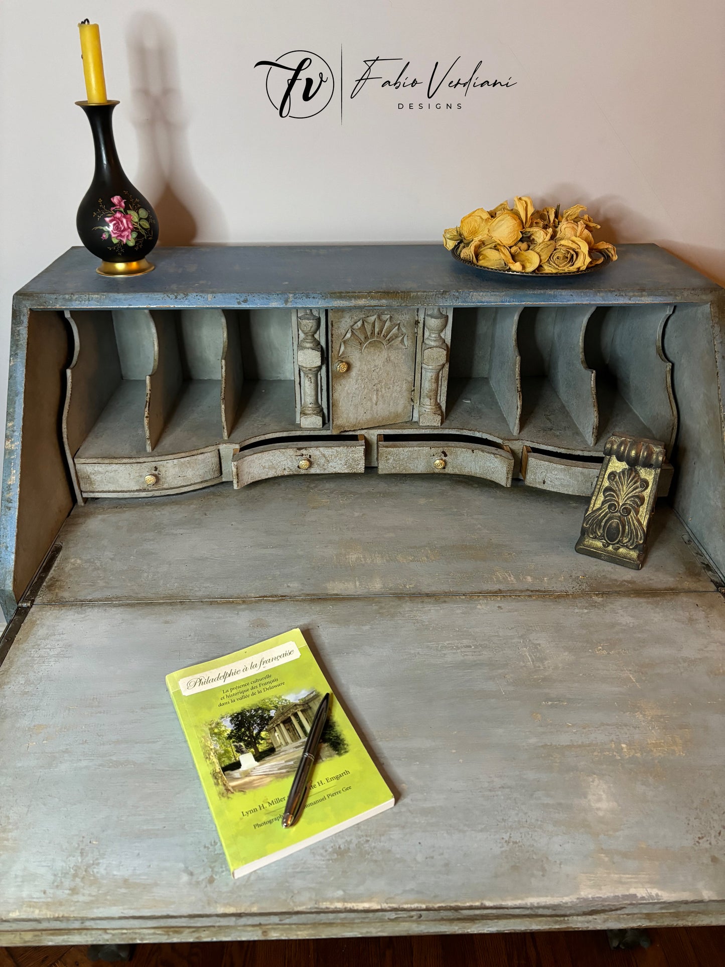 Vintage Blue and Grey Secretary Desk, Early 20th Century, Ball and Claw Legs, Patina Toscana