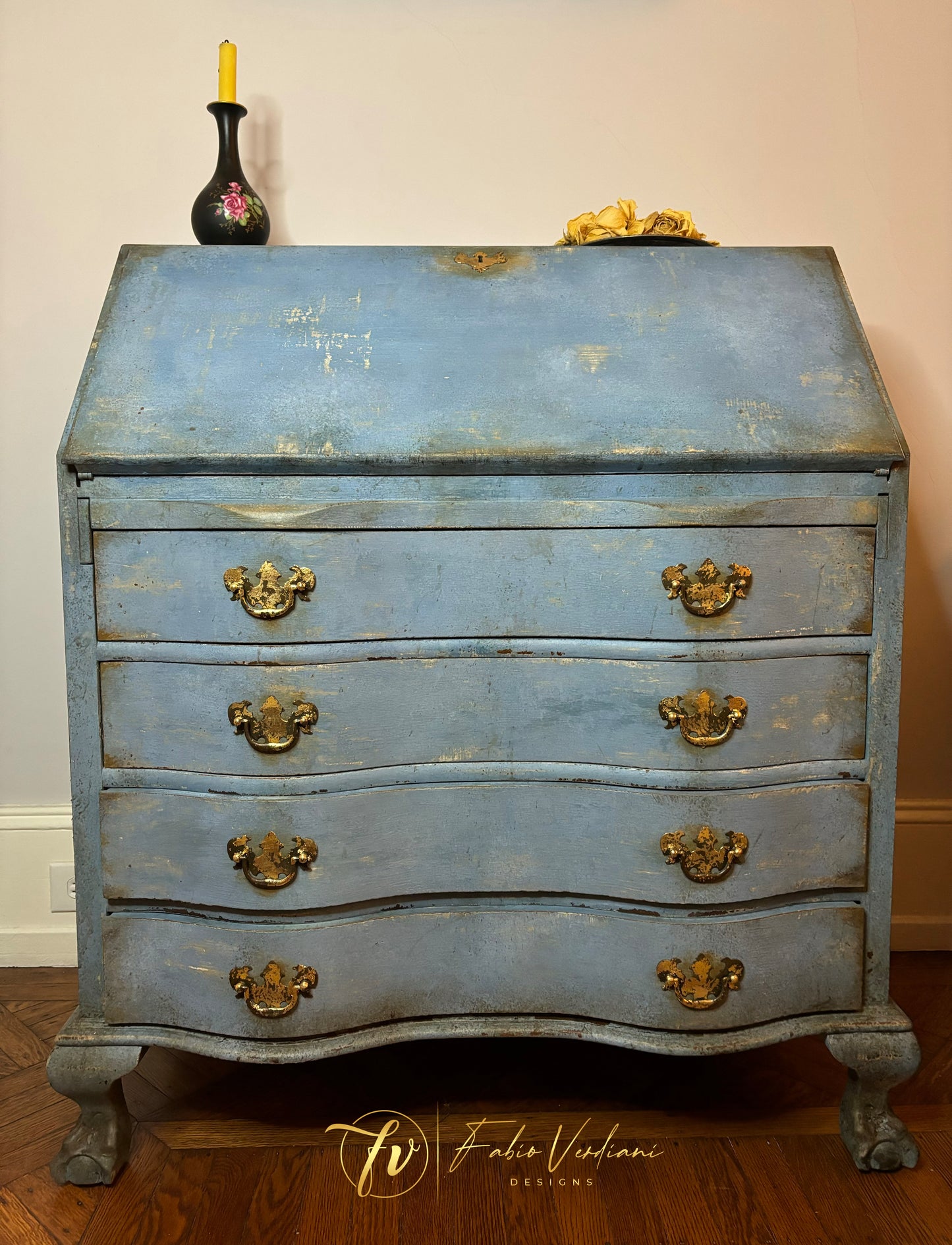 Vintage Blue and Grey Secretary Desk, Early 20th Century, Ball and Claw Legs, Patina Toscana