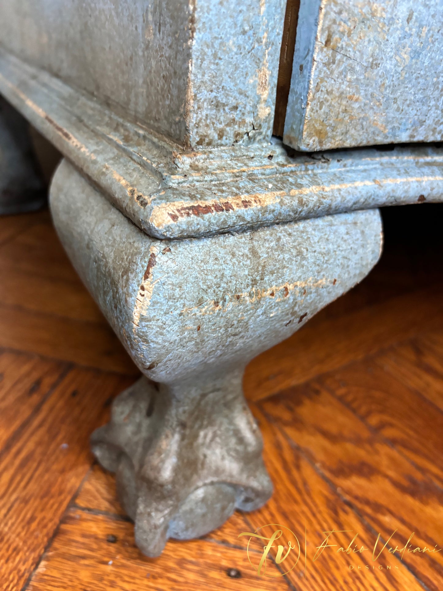 Vintage Blue and Grey Secretary Desk, Early 20th Century, Ball and Claw Legs, Patina Toscana