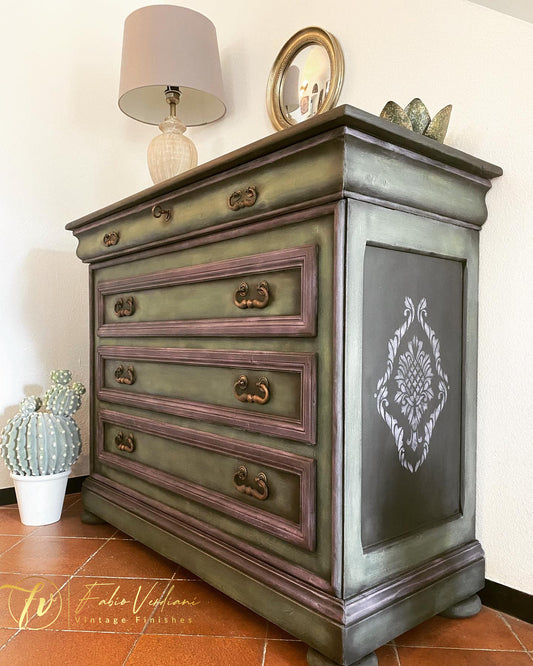 Vintage Italian chest of drawers in Annie Sloan Graphite, Olive and Rodmell chalk paint with rose gold hardware