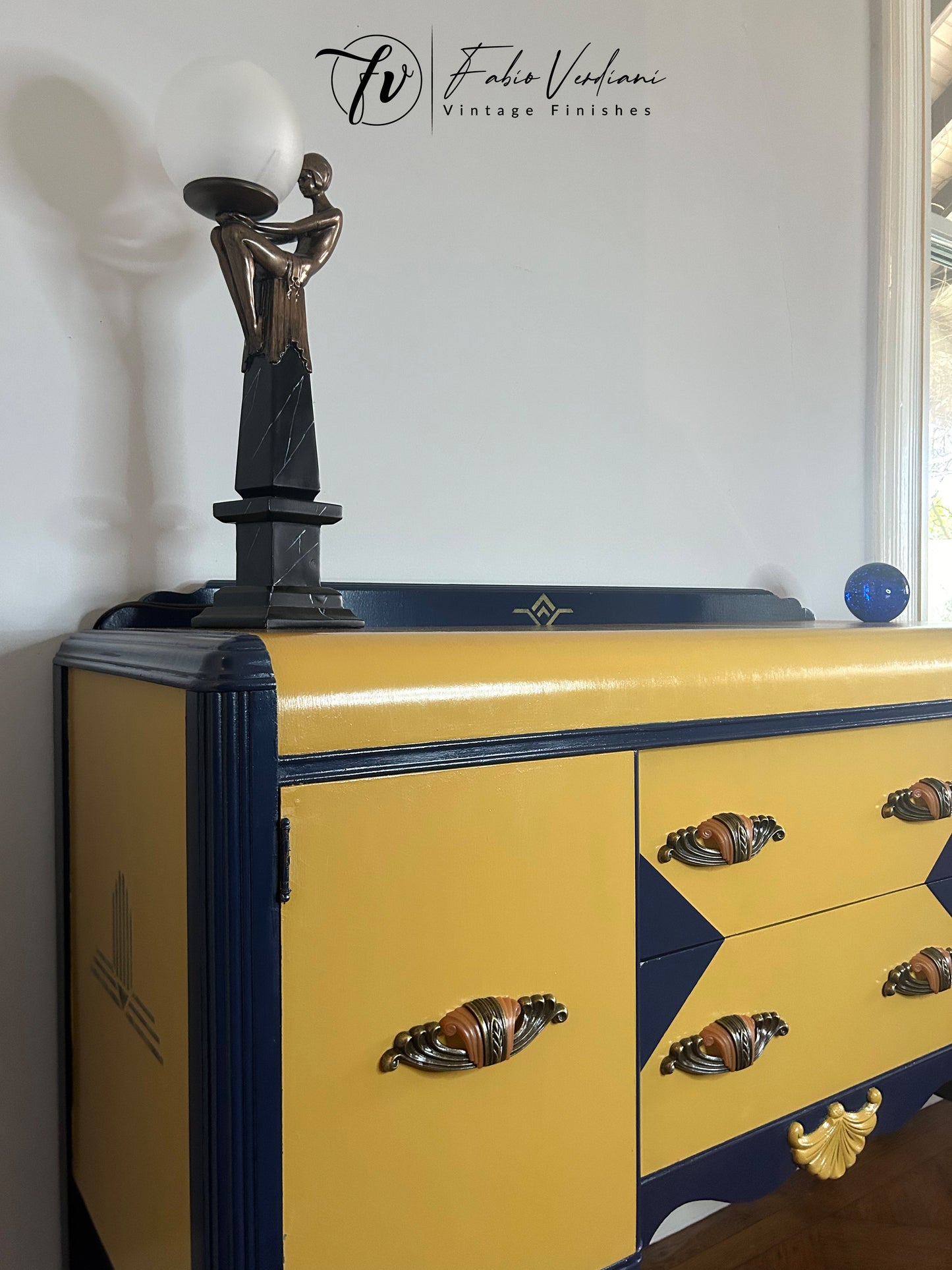 Art Deco Sideboard Buffet in Yellow and Blue Satin