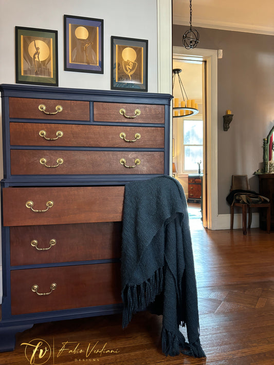 Six Drawers Tall Boy - Candlelight stain and Blue Stain Paint