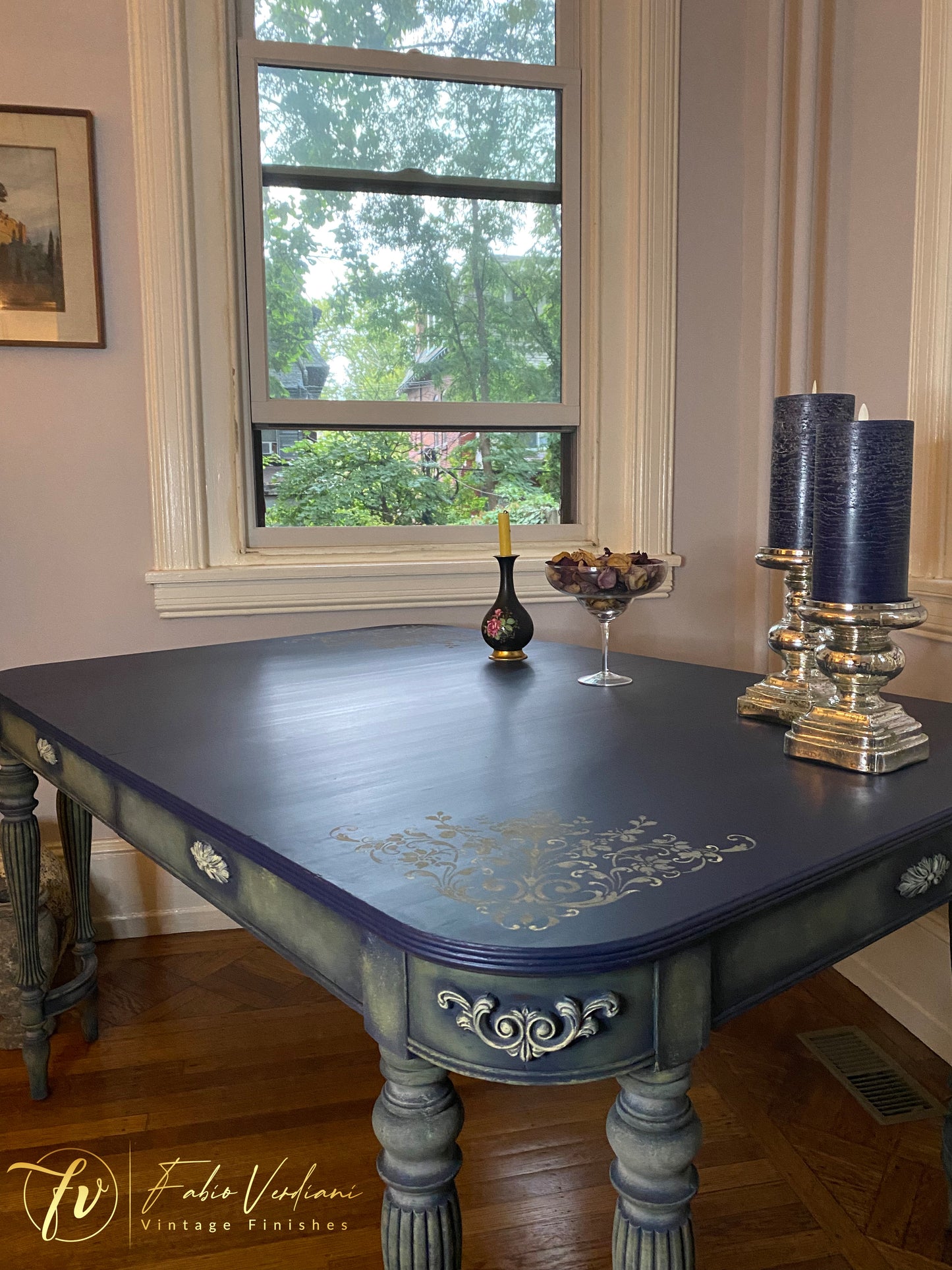 Vintage  Rectangular  Dinner Table for six, blue satin top and  carved legs in faded olive with moldings