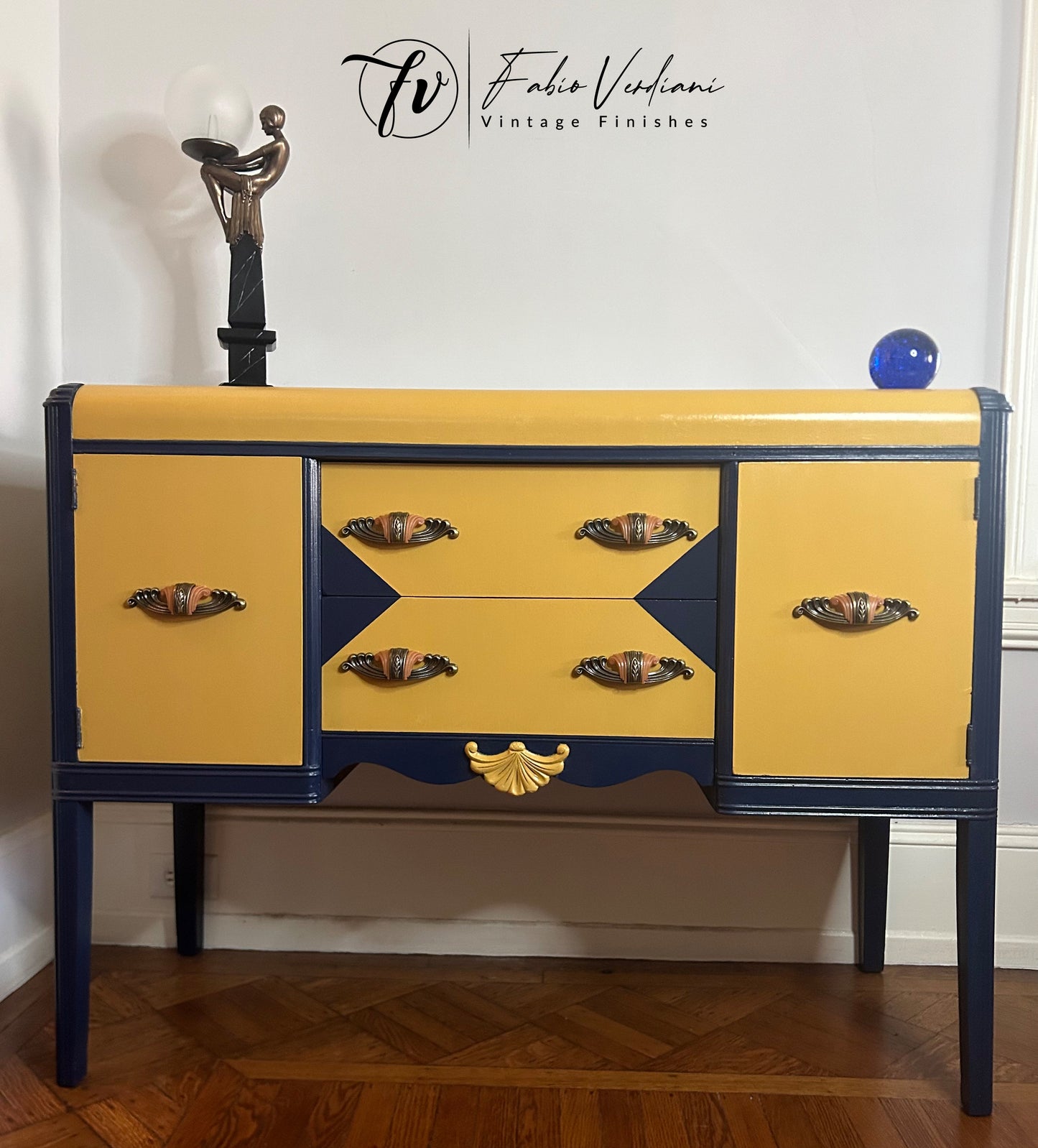 Art Deco Sideboard Buffet in Yellow and Blue Satin