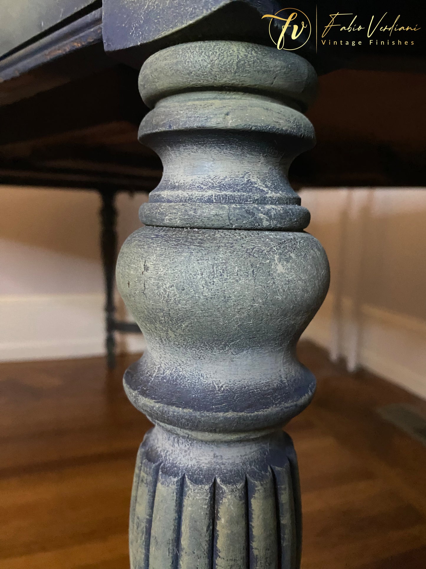 Vintage  Rectangular  Dinner Table for six, blue satin top and  carved legs in faded olive with moldings