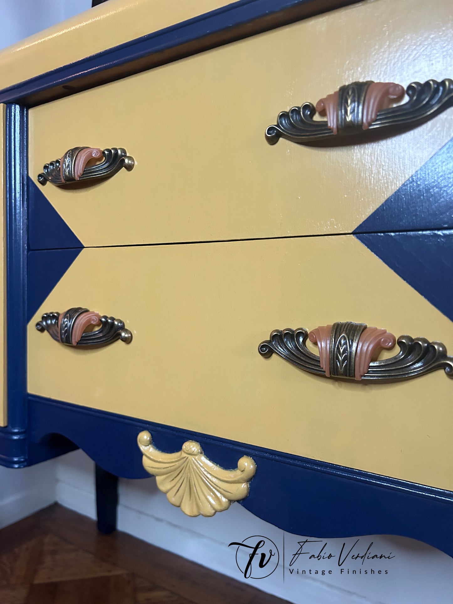 Art Deco Sideboard Buffet in Yellow and Blue Satin