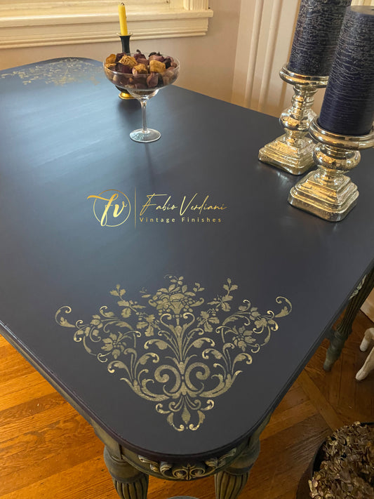 Vintage  Rectangular  Dinner Table for six, blue satin top and  carved legs in faded olive with moldings