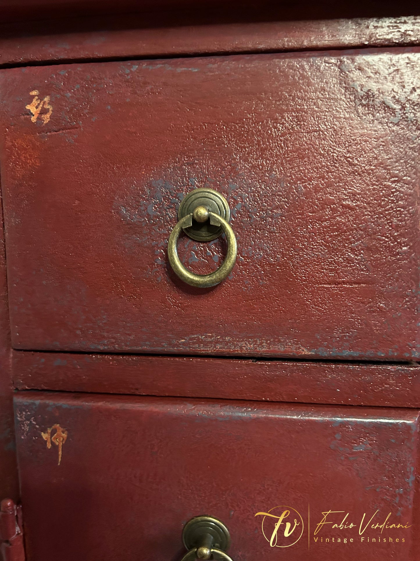 Apothecary Cabinet Imitation - Chinese style - Burgundy and Aubusson Blue, chinoiserie dragon stencils