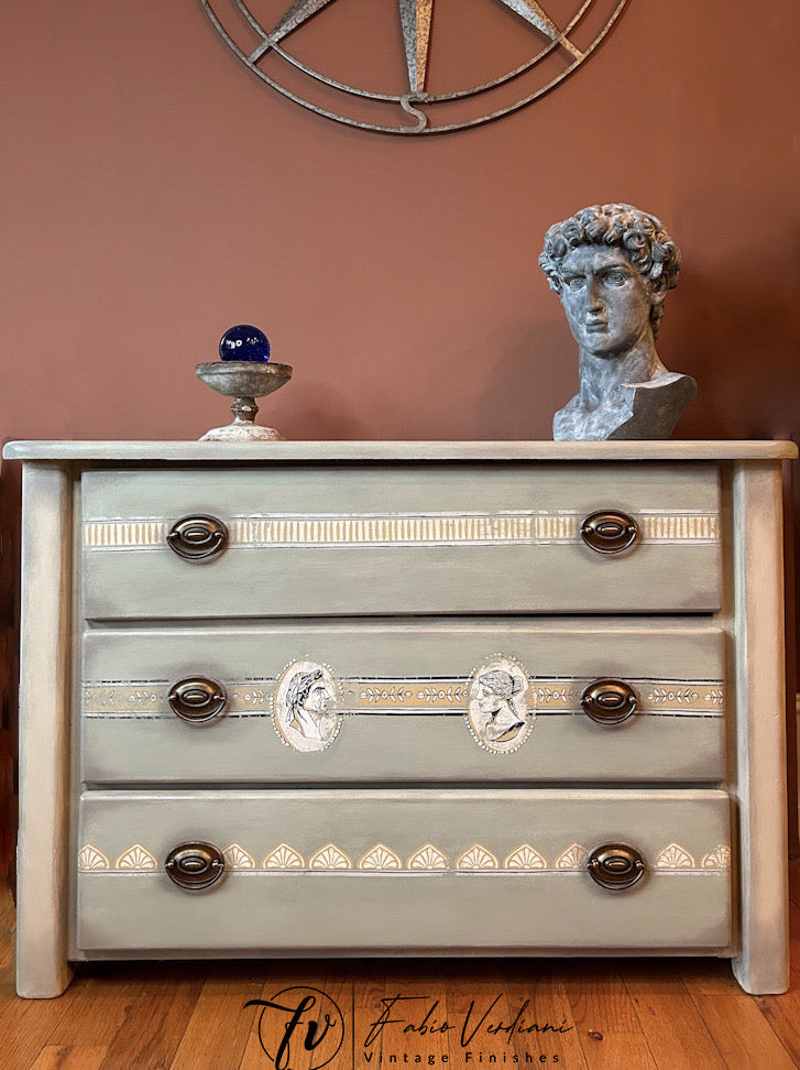 Solid pine chest of drawers in Annie Sloan Coolabah Green, Country Gray and French Linen Chalk Paint®, selected patterns from the “Classical Cameos” IOD/AS inlay,  matte lacquer