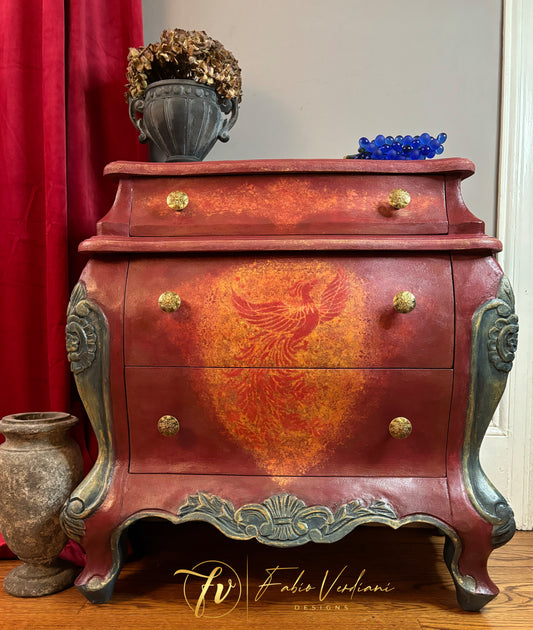 Small Nightstand in Burgundy, Orange, Teal Blue inspired by the Firebird