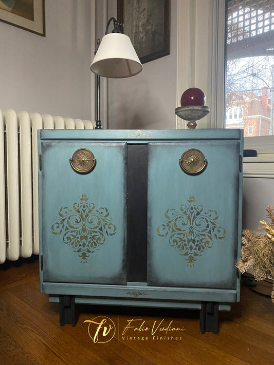 Vintage Bar Cabinet in Dusty Blue, Black and Gold