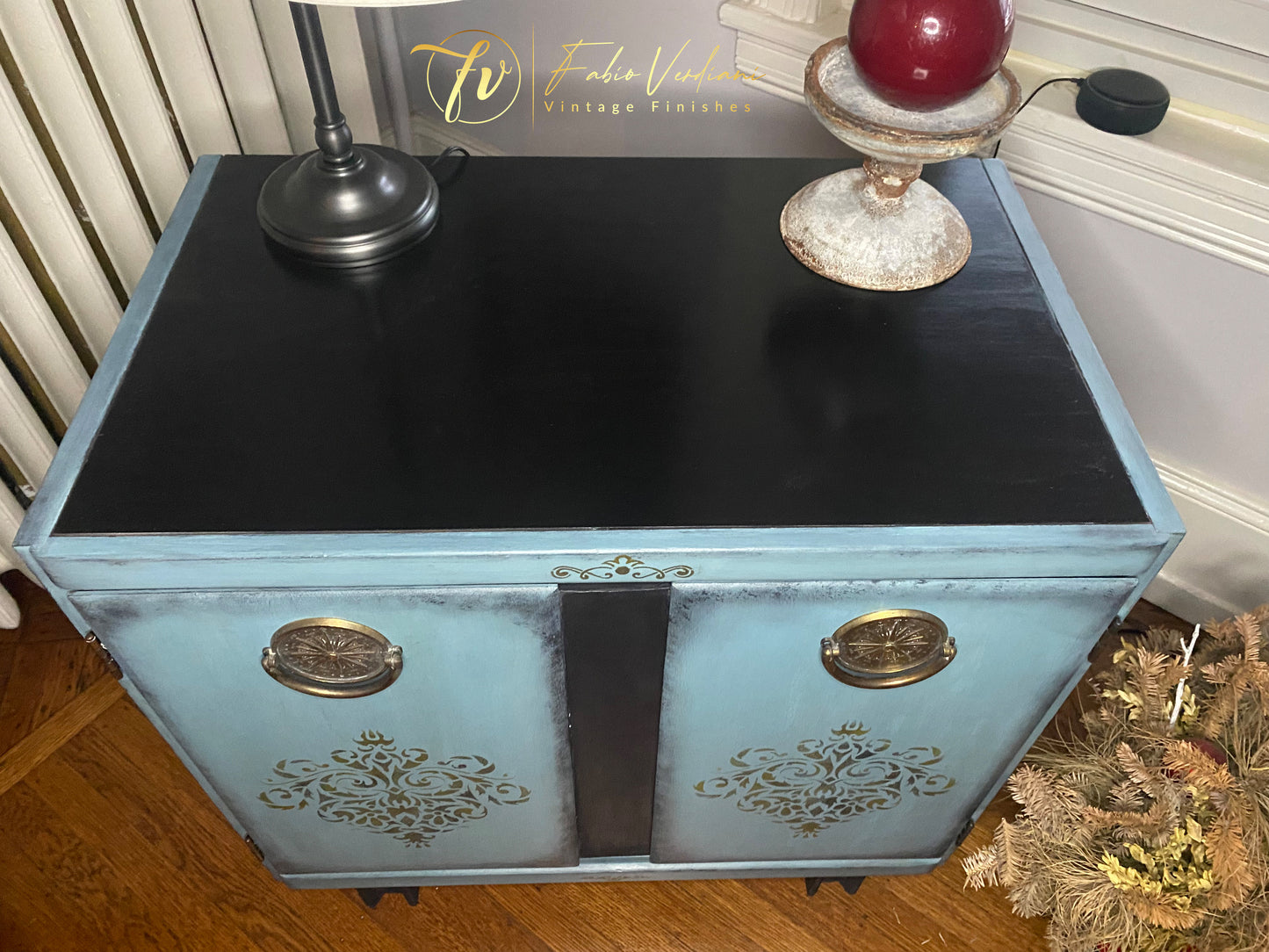 Vintage Bar Cabinet in Dusty Blue, Black and Gold