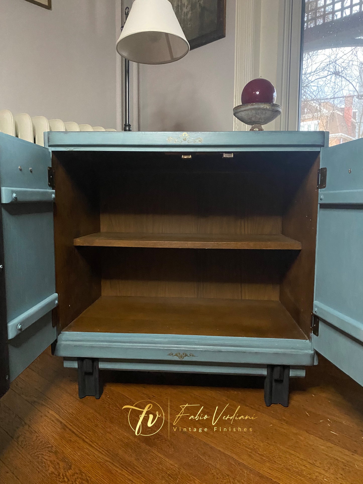 Vintage Bar Cabinet in Dusty Blue, Black and Gold