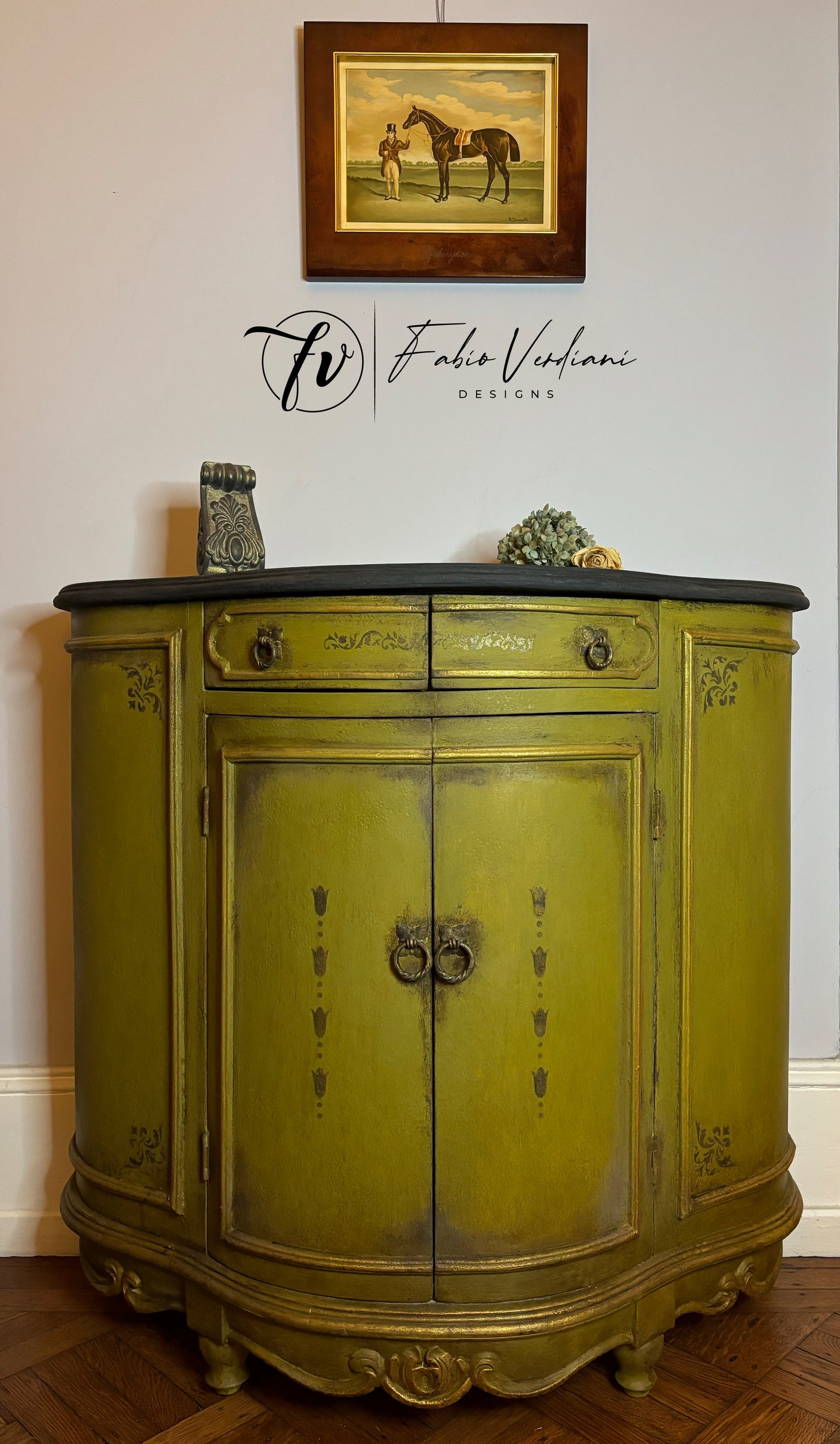 Small Round Credenza with Olive Oil Green Body, Graphite Top, Stenciled Details, and Gold Trims – Created with the Tempera Technique