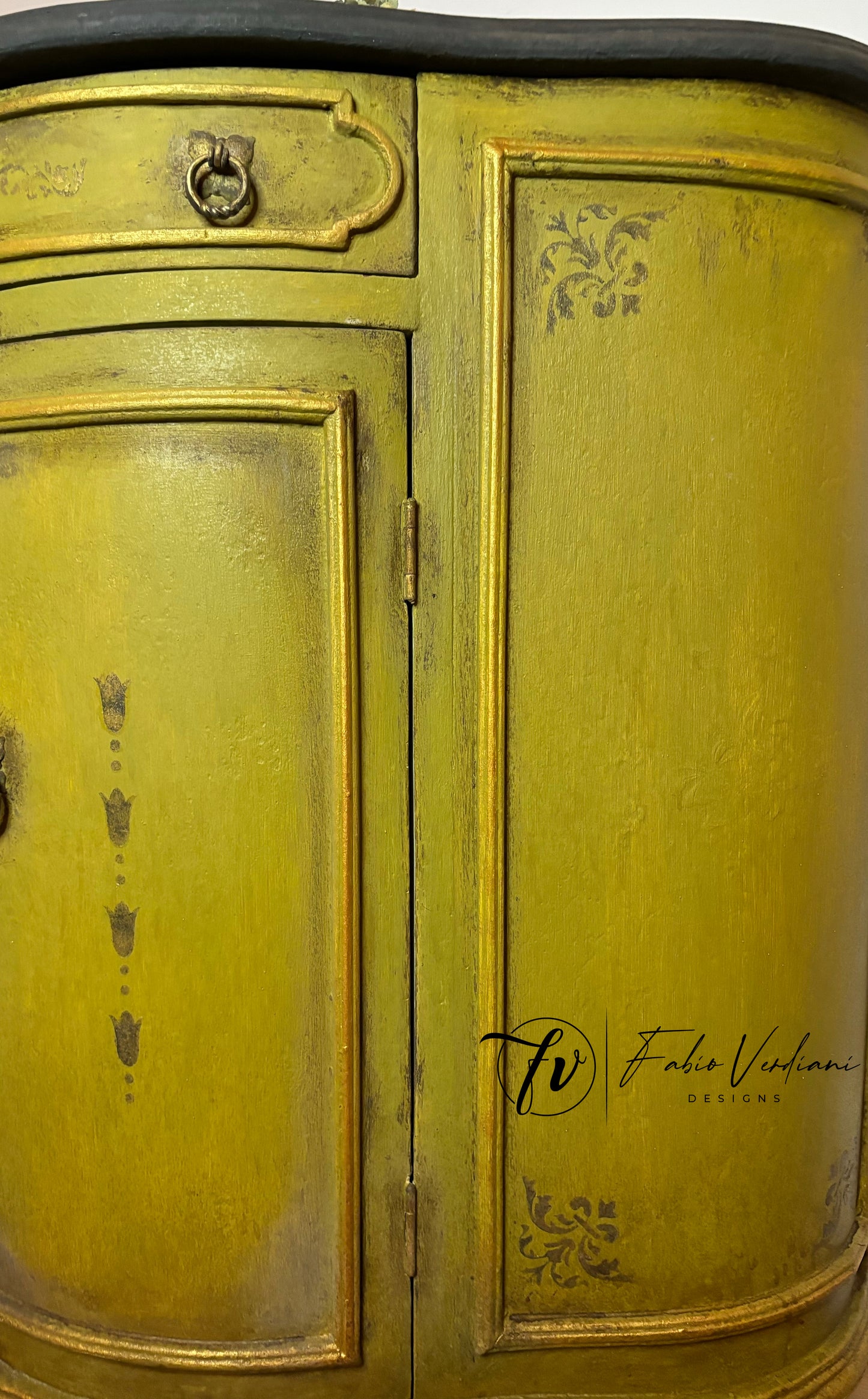 Small Round Credenza with Olive Oil Green Body, Graphite Top, Stenciled Details, and Gold Trims – Created with the Tempera Technique