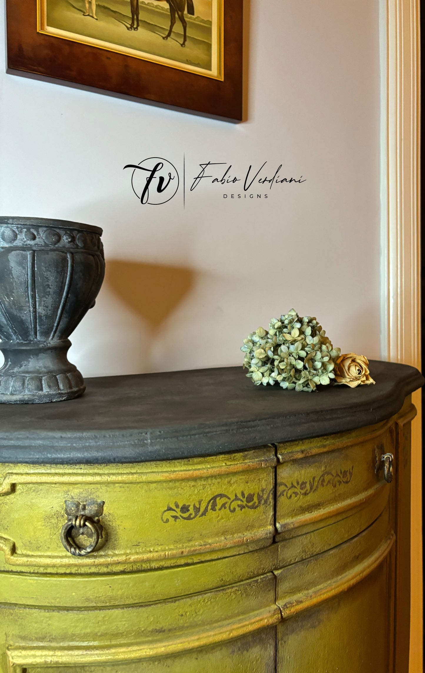 Small Round Credenza with Olive Oil Green Body, Graphite Top, Stenciled Details, and Gold Trims – Created with the Tempera Technique