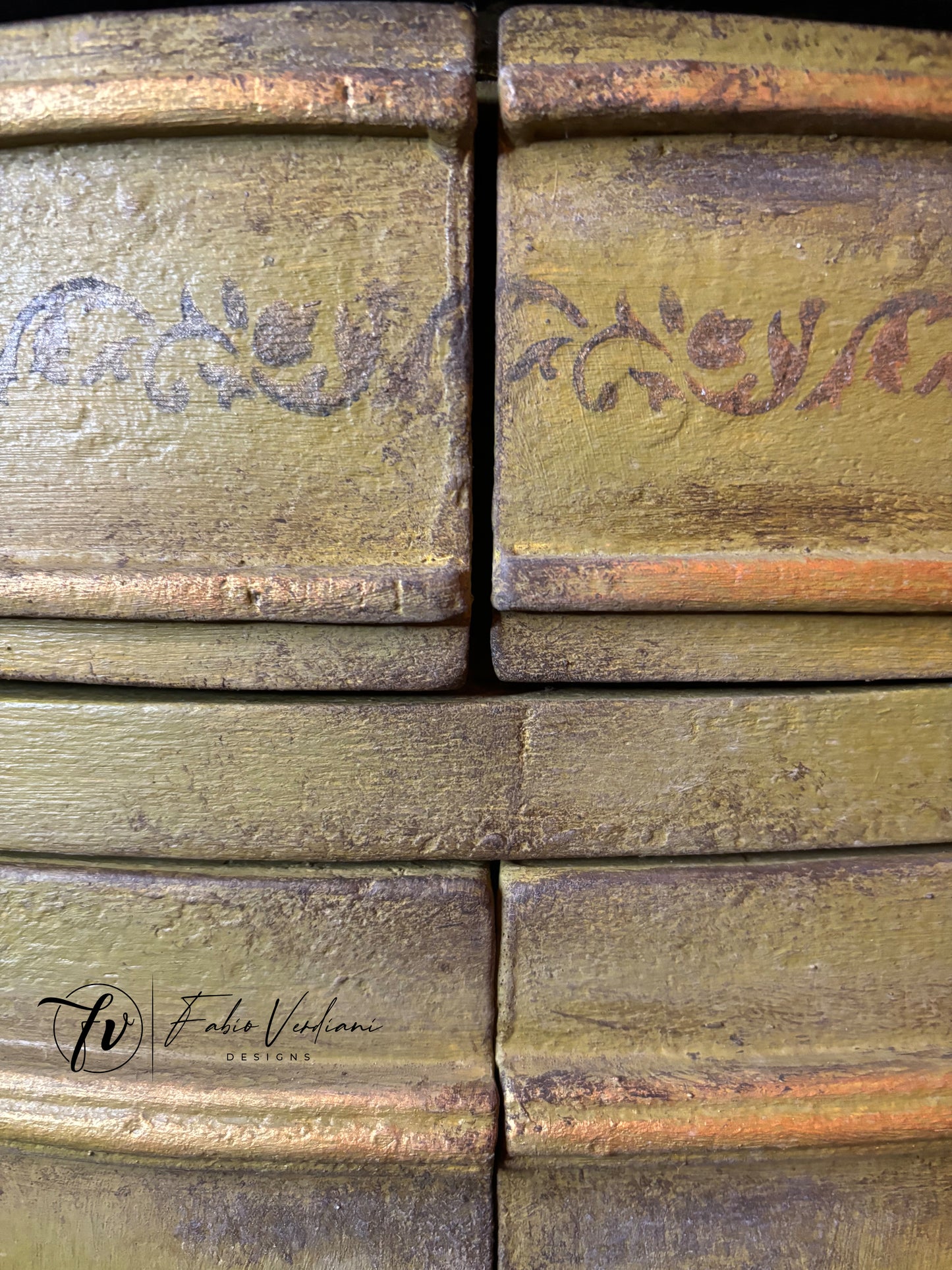 Small Round Credenza with Olive Oil Green Body, Graphite Top, Stenciled Details, and Gold Trims – Created with the Tempera Technique