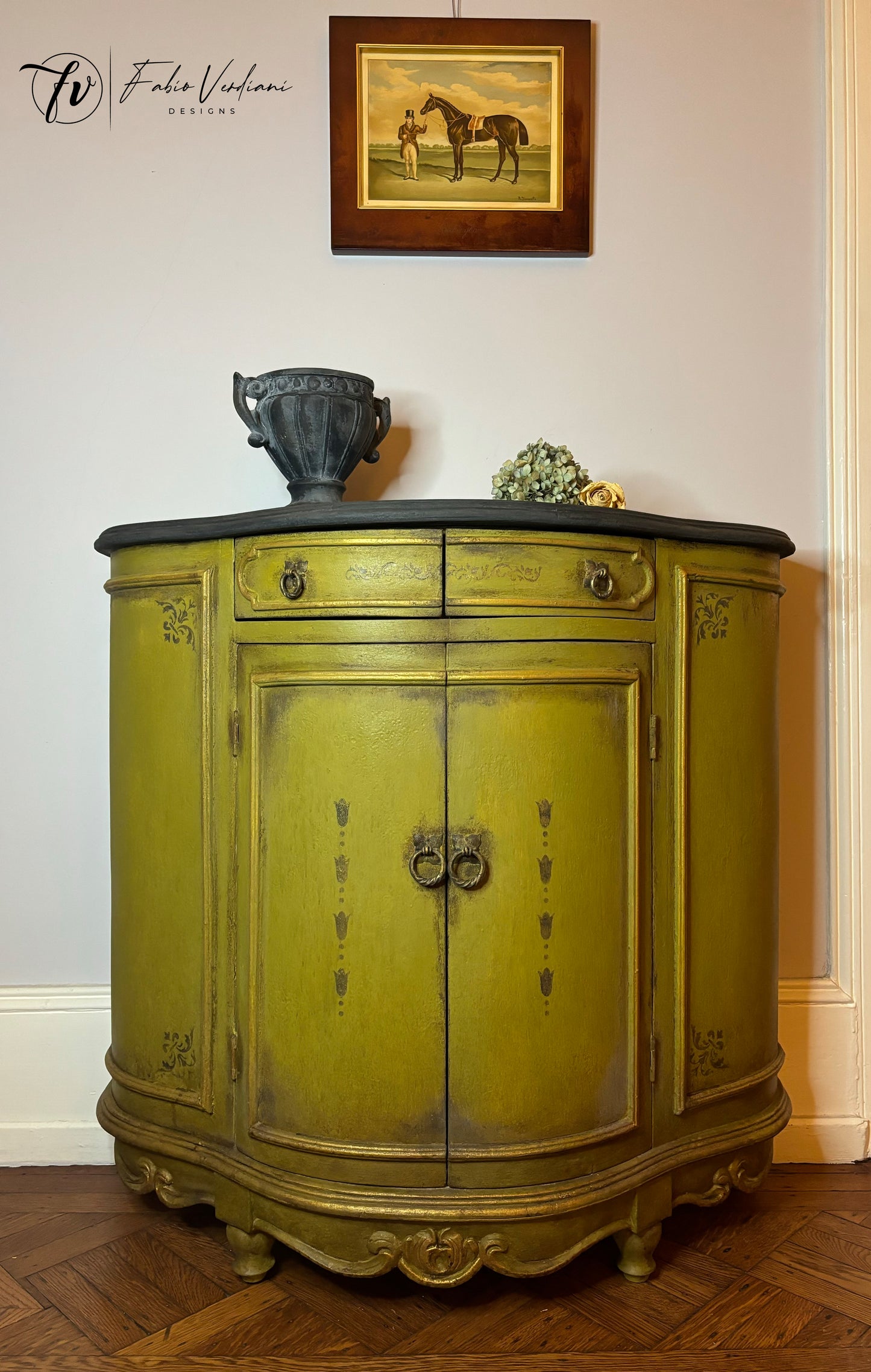 Small Round Credenza with Olive Oil Green Body, Graphite Top, Stenciled Details, and Gold Trims – Created with the Tempera Technique