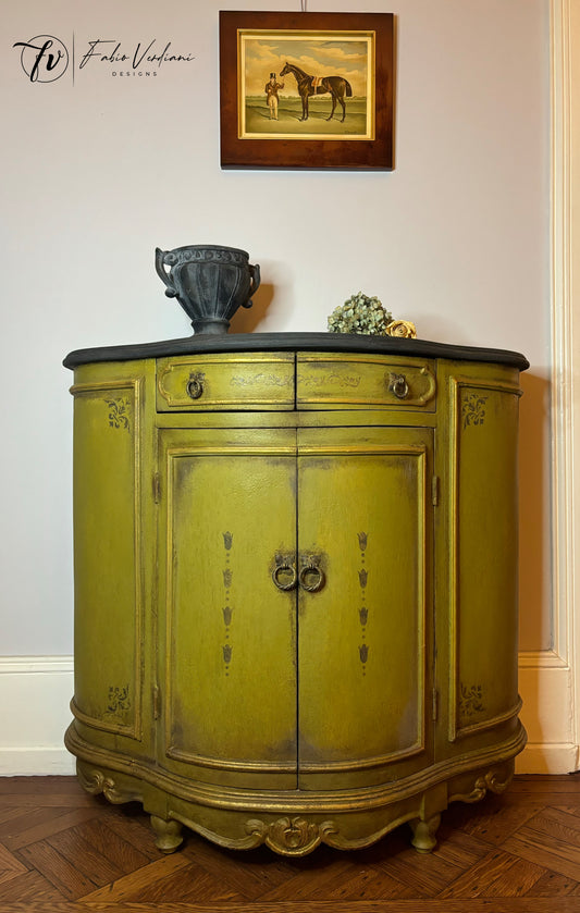 Small Round Credenza with Olive Oil Green Body, Graphite Top, Stenciled Details, and Gold Trims – Created with the Tempera Technique