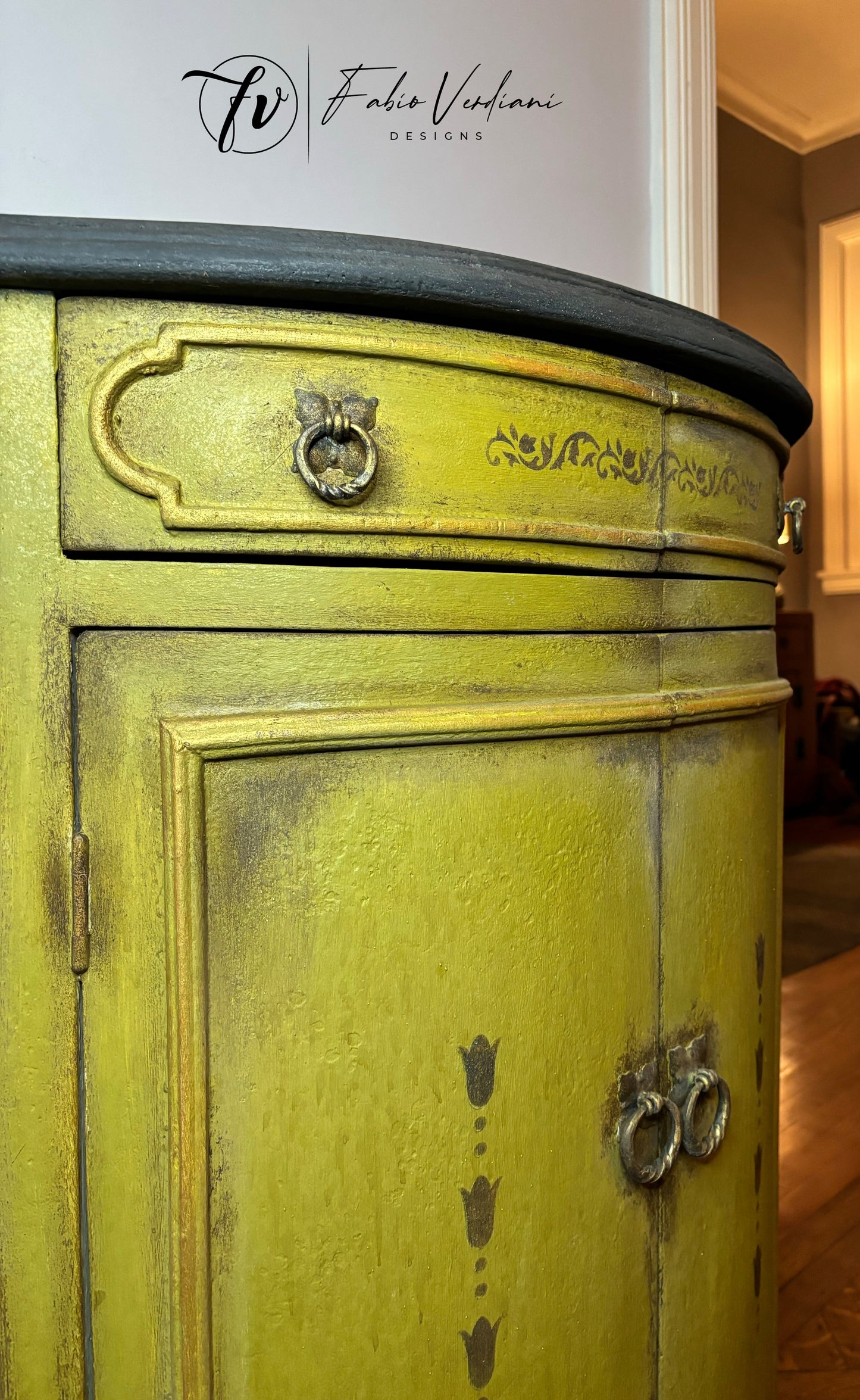 Small Round Credenza with Olive Oil Green Body, Graphite Top, Stenciled Details, and Gold Trims – Created with the Tempera Technique