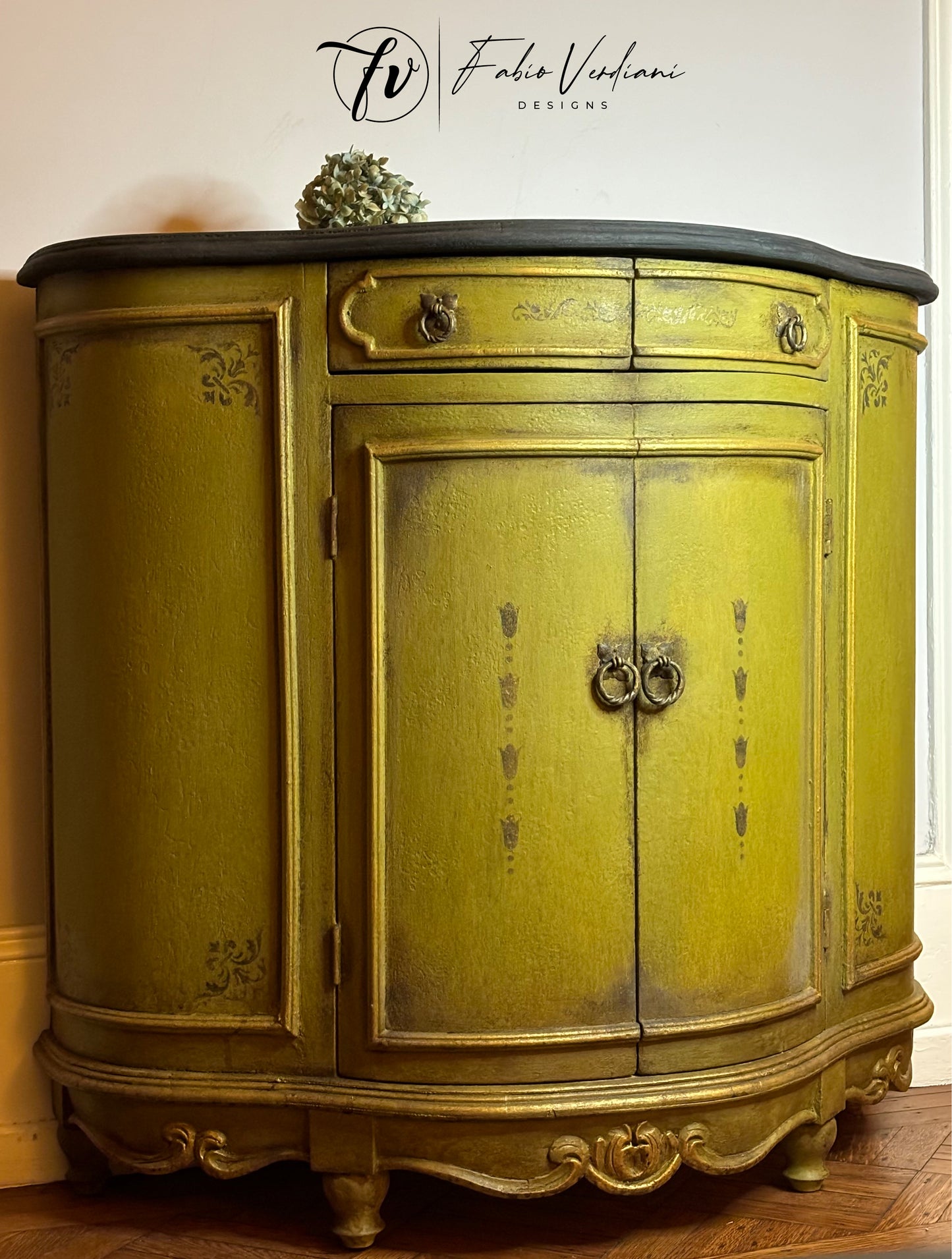 Small Round Credenza with Olive Oil Green Body, Graphite Top, Stenciled Details, and Gold Trims – Created with the Tempera Technique