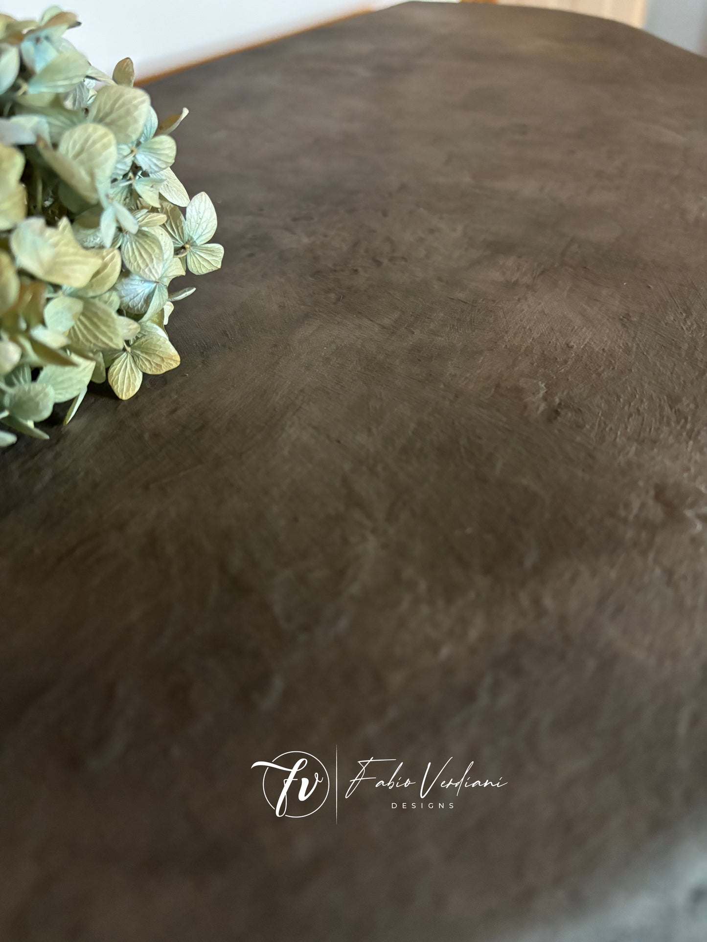 Small Round Credenza with Olive Oil Green Body, Graphite Top, Stenciled Details, and Gold Trims – Created with the Tempera Technique