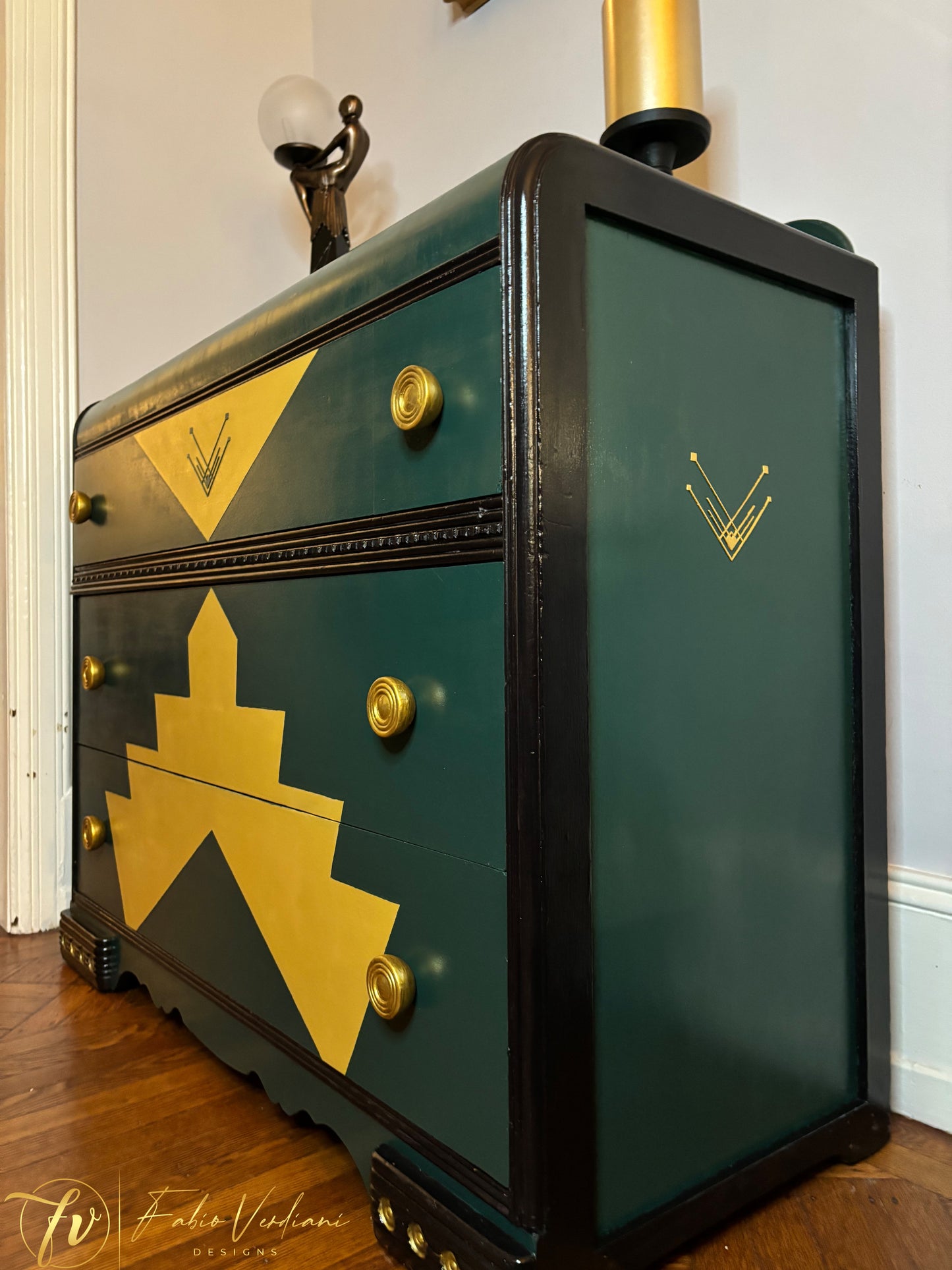 Art deco waterfall dresser - Dark Green and Yellow with Gold details