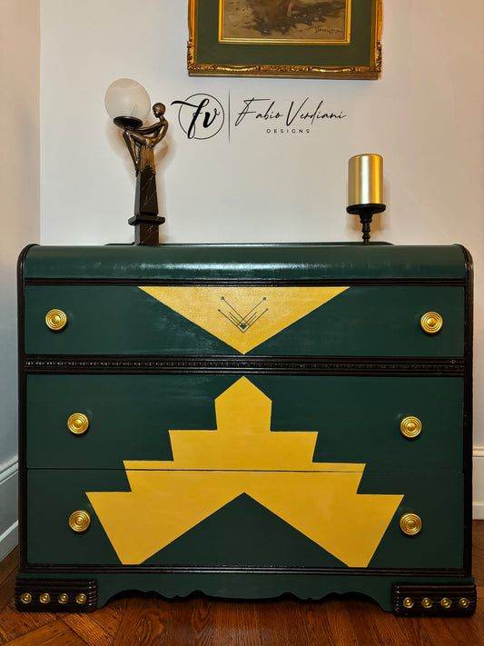 Art deco waterfall dresser - Dark Green and Yellow with Gold details